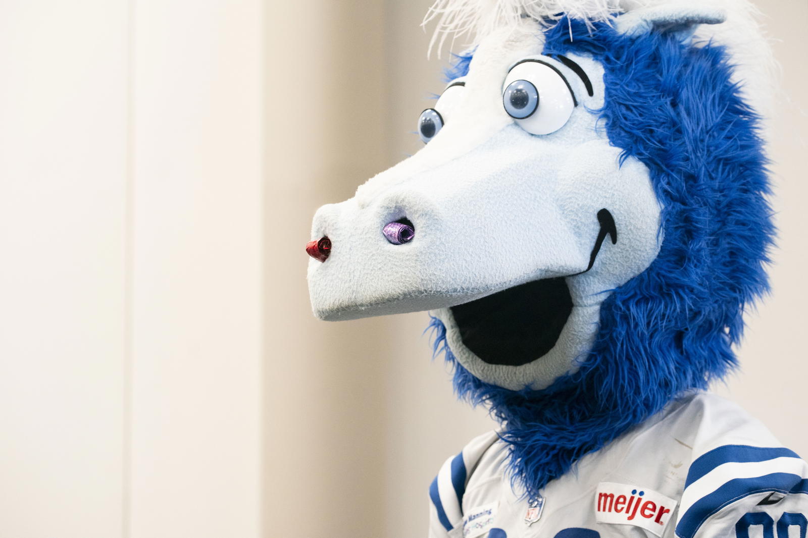 Feb 28, 2025; Indianapolis, IN, USA; Indianapolis Colts mascot Blue visits the press conference during the 2025 NFL Combine at Indiana Convention Center. Mandatory Credit: Stephanie Amador Blondet-Imagn Images