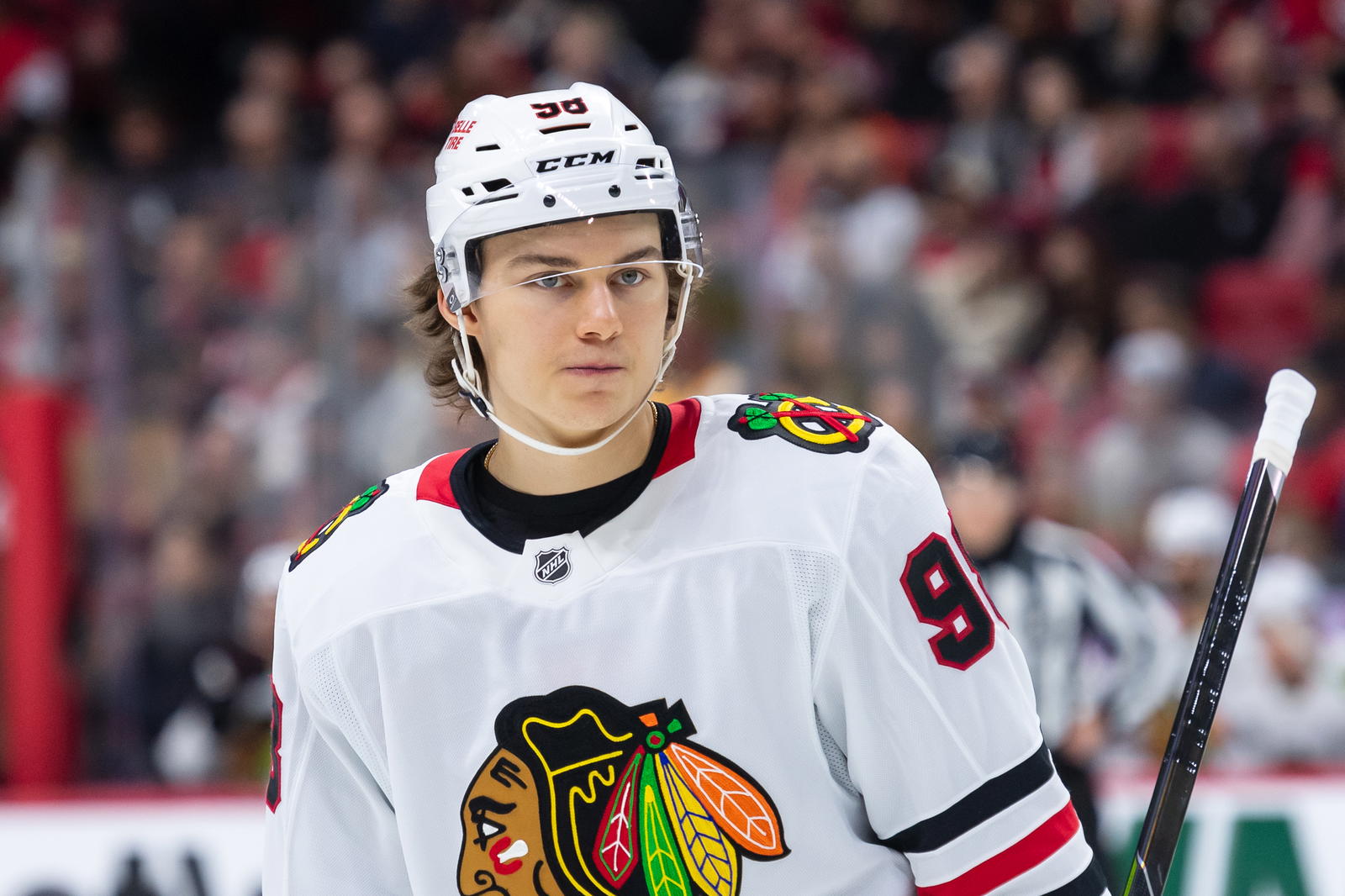 Apr 15, 2025; Ottawa, Ontario, CAN; Chicago Blackhawks center Connor Bedard (98) skates in the second period against the Ottawa Senators at the Canadian Tire Centre. Mandatory Credit: Marc DesRosiers-Imagn Images
