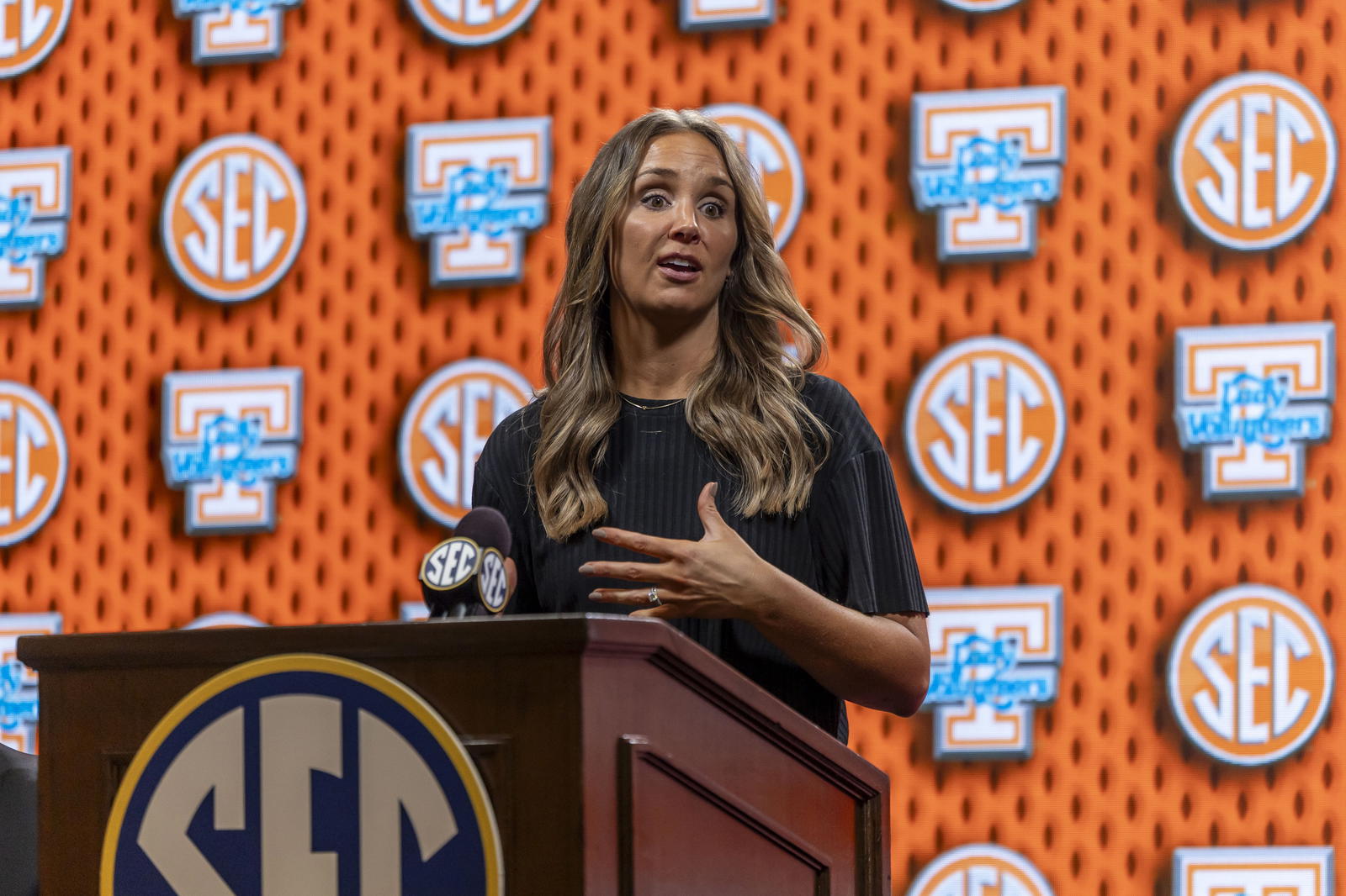 Oct 15, 2025; Birmingham, AL, USA; Tennessee Volunteers head coach Kim Caldwell talks with the media during SEC Media Days at Grand Bohemian Hotel. (Vasha Hunt/Imagn Images)