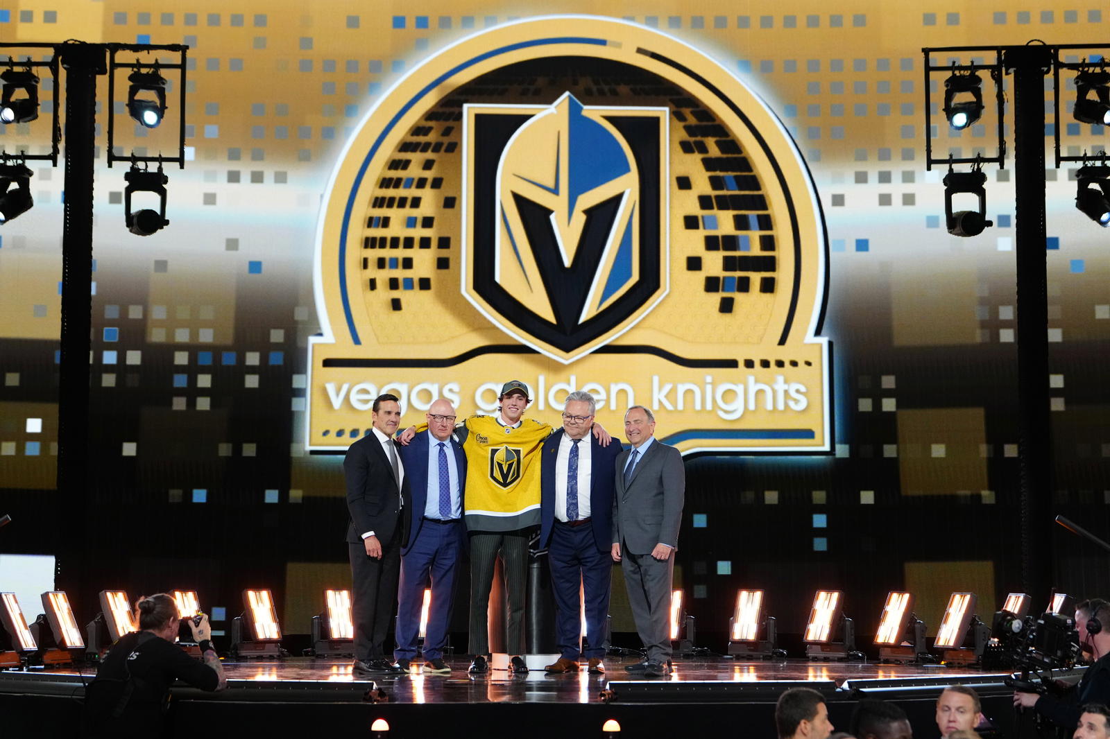 Trevor Connelly is selected by the Vegas Golden Knights with the 19th overall pick in the first round of the 2024 NHL Draft at The Sphere. Mandatory Credit: Stephen R. Sylvanie-Imagn Images