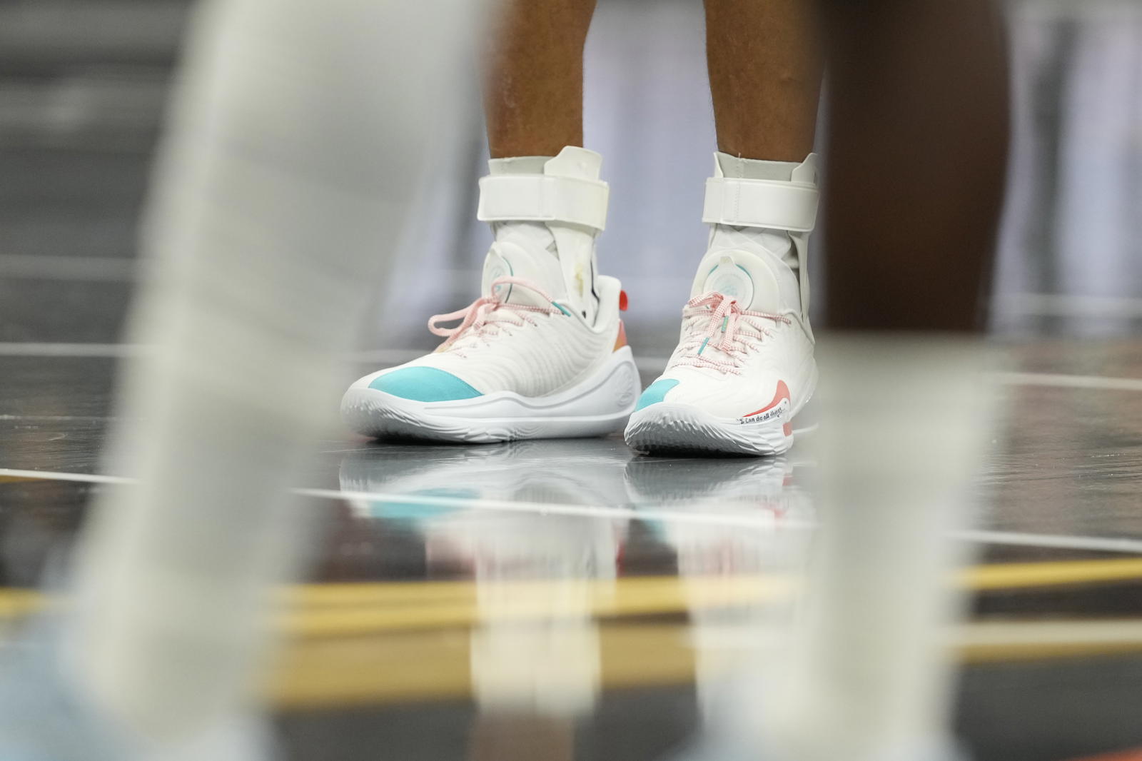 Detailed view of the shoes worn by Golden State Warriors guard Stephen Curry (30) during the first quarter against the San Antonio Spurs at Frost Bank Center.&nbsp;Scott Wachter-Imagn Images