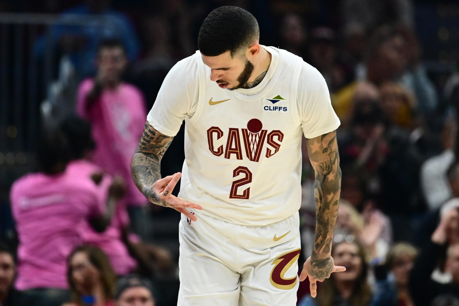 Nov 2, 2025; Cleveland, Ohio, USA; Cleveland Cavaliers guard Lonzo Ball (2) celebrates after hitting a three-point basket against the Atlanta Hawks during the first half at Rocket Arena. Mandatory Credit: Ken Blaze-Imagn Images