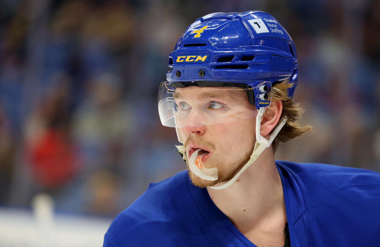 Mar 25, 2025; Buffalo, New York, USA; Buffalo Sabres defenseman Bowen Byram (4) on the ice before a game against the Ottawa Senators at KeyBank Center. (Timothy T. Ludwig-Imagn Images)