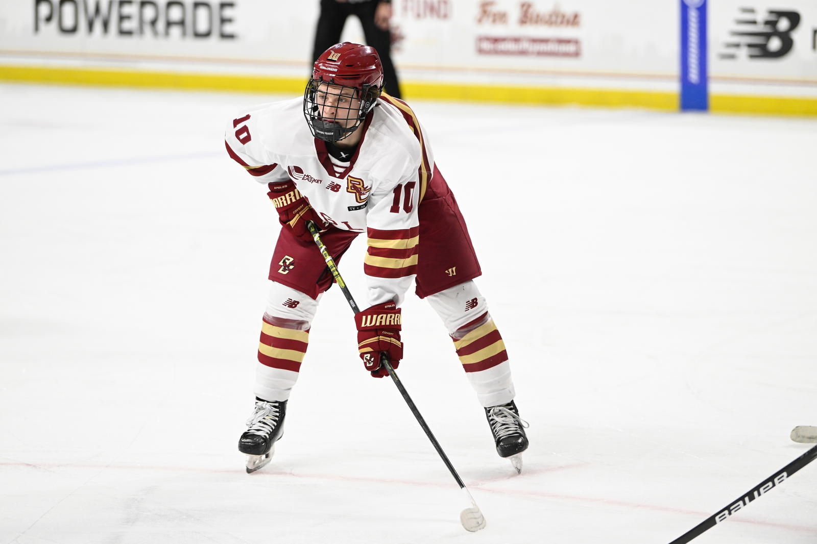 Feb 28, 2025; Chestnut Hill, MA, USA; Boston College forward James Hagens (10) waits for the puck to drop during the first period against the University of New Hampshire at Conte Forum. Mandatory Credit: Eric Canha-Imagn Images
