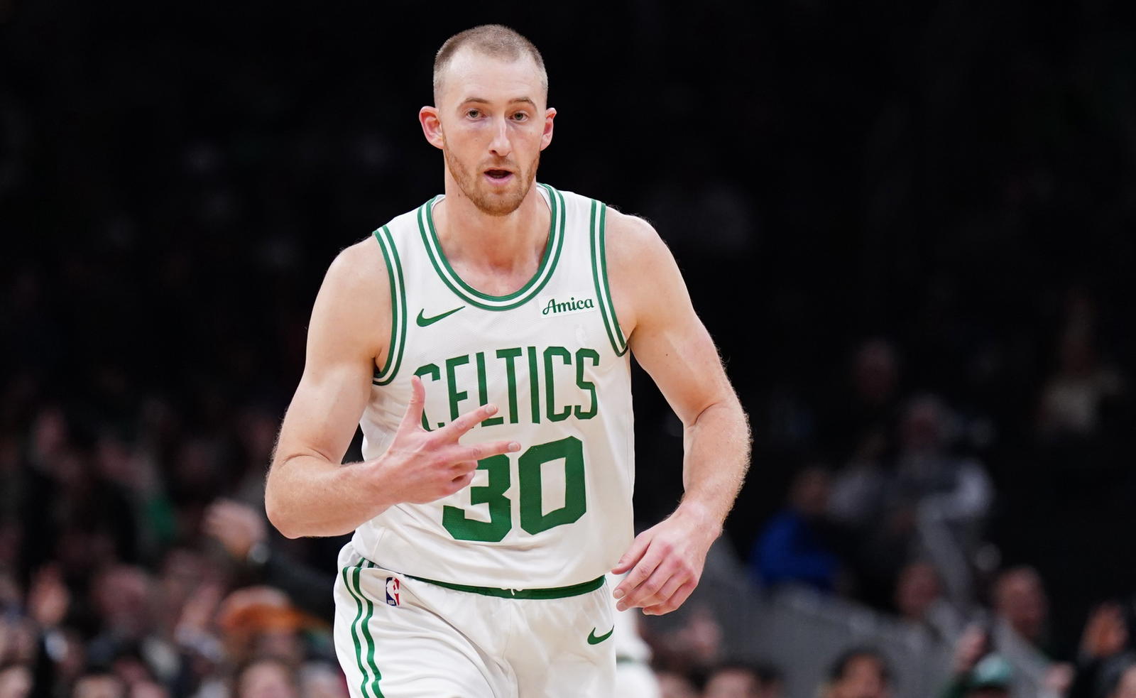 Oct 29, 2025; Boston, Massachusetts, USA; Boston Celtics forward Sam Hauser (30) reacts after his three point basket against the Cleveland Cavaliers in the second half at TD Garden. (David Butler II/Imagn Images)