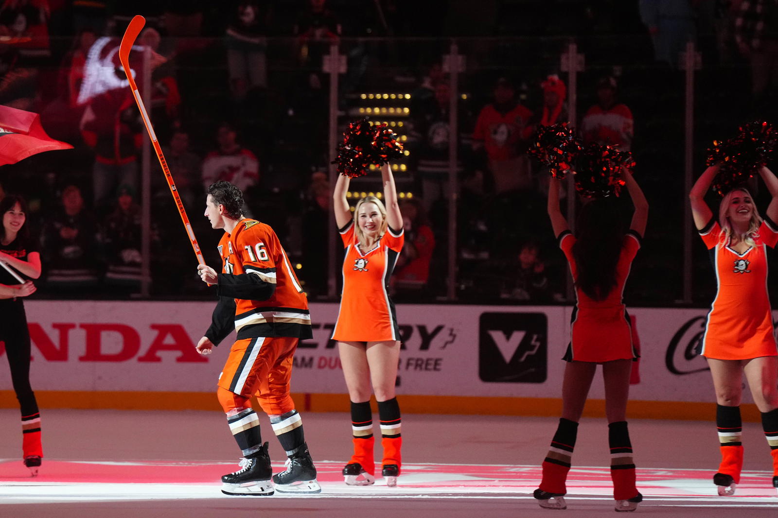 Dec 31, 2024; Anaheim, California, USA; Anaheim Ducks center Ryan Strome (16) is recognized as the first star of the night after the game against the New Jersey Devils at Honda Center. Mandatory Credit: Kirby Lee-Imagn Images