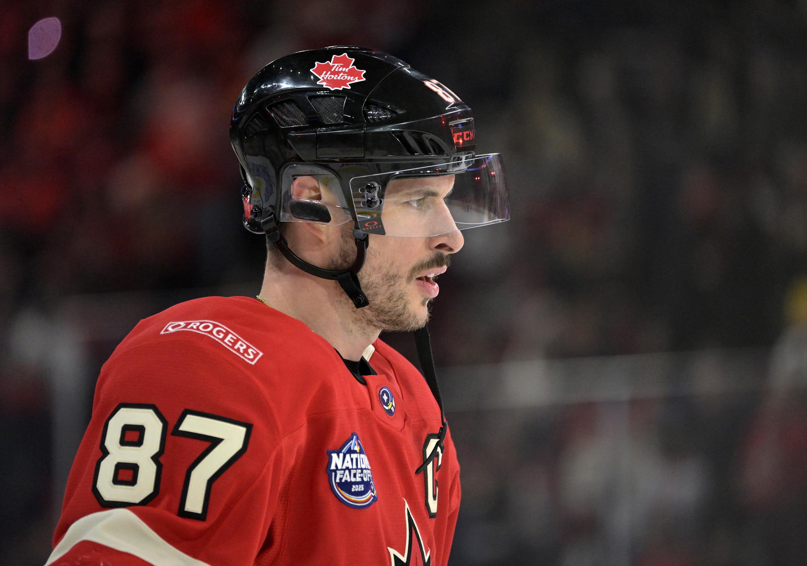 Feb 15, 2025; Montreal, Quebec, CAN; [Imagn Images direct customers only] Team Canada forward Sidney Crosby (87) skates in the warmup period during a 4 Nations Face-Off ice hockey game against Team United States at the Bell Centre. Mandatory Credit: Eric Bolte-Imagn Images