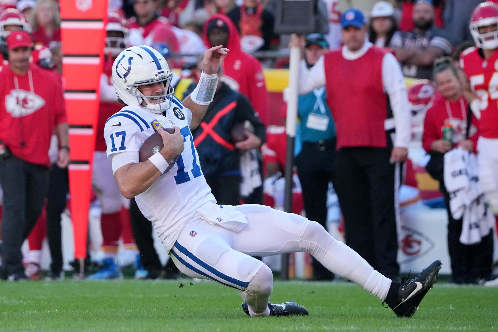 Nov 23, 2025; Kansas City, Missouri, USA; Indianapolis Colts quarterback Daniel Jones (17) runs against the Kansas City Chiefs in the second half at GEHA Field at Arrowhead Stadium. Mandatory Credit: Denny Medley-Imagn Images
