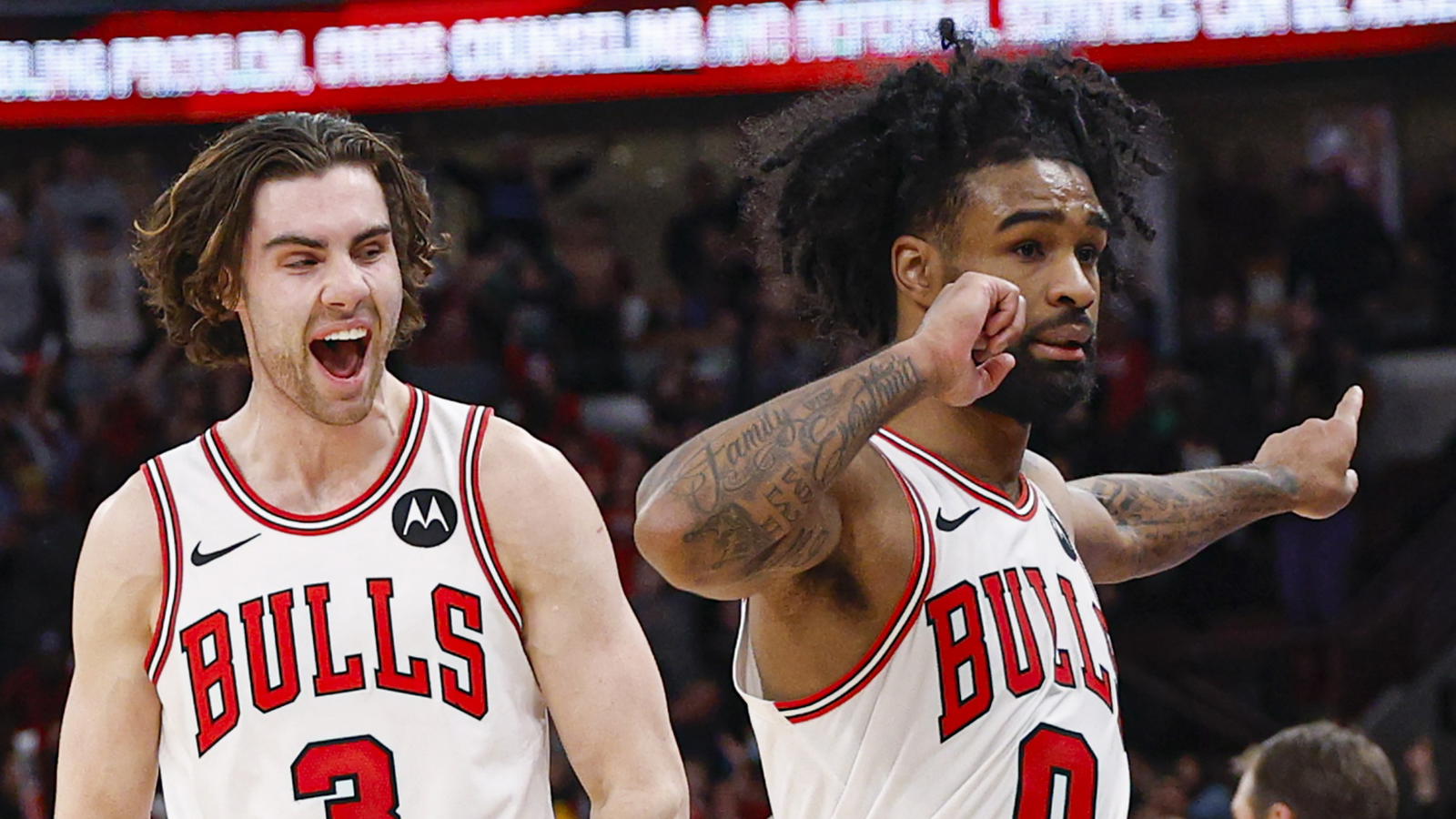 Nov 22, 2025; Chicago, Illinois, USA; Coby White's (right) return has helped take pressure off of Josh Giddey (left) to produce as a scorer. Mandatory Credit: Kamil Krzaczynski-Imagn Images