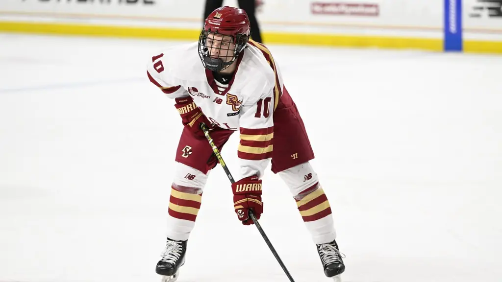 Feb 28, 2025; Chestnut Hill, MA, USA; Boston College forward James Hagens (10) waits for the puck to drop during the first period against the University of New Hampshire at Conte Forum. Credit: Eric Canha-Imagn Images