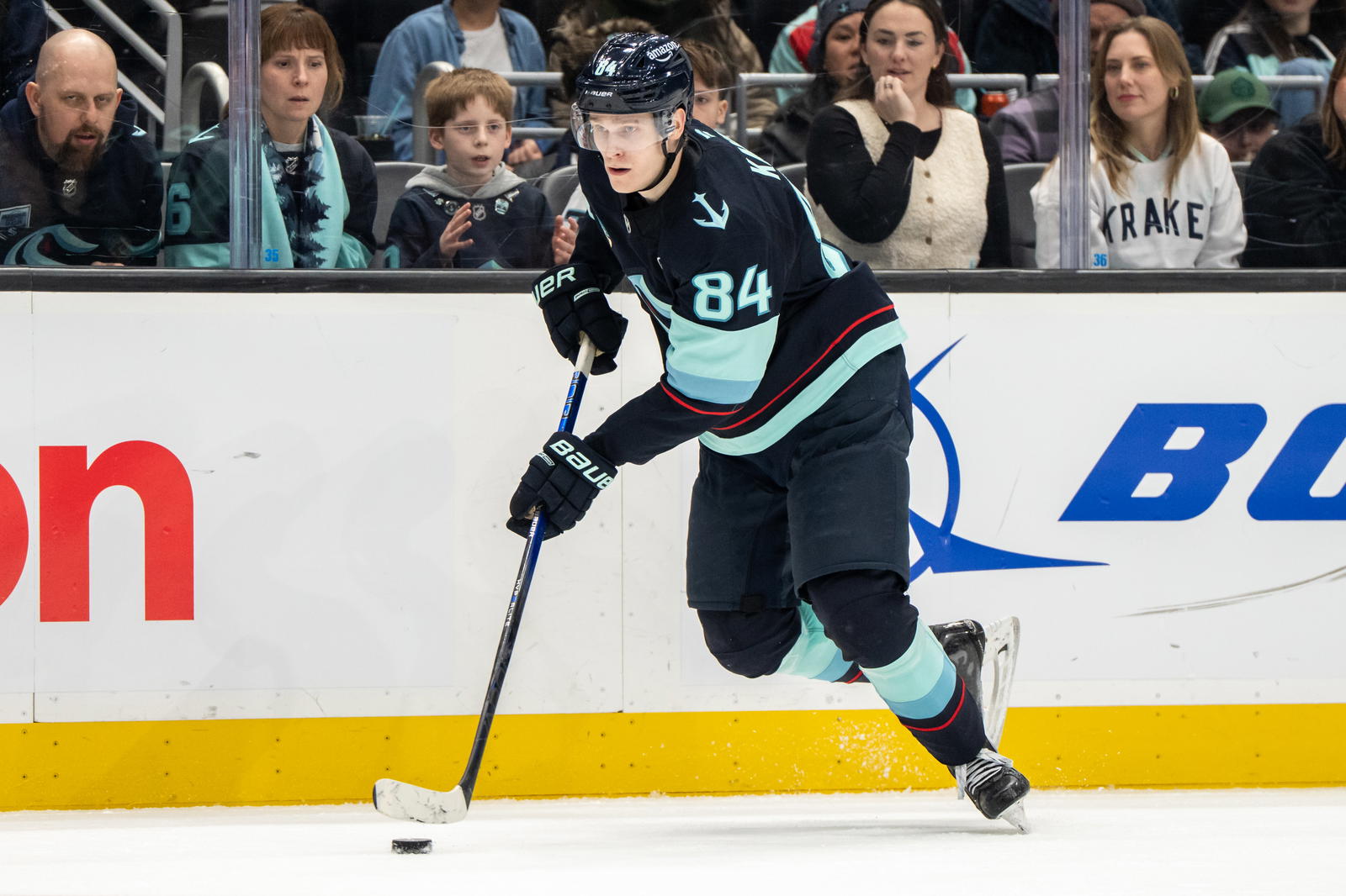 Seattle Kraken forward Kaapo Kakko (84) skates with the puck against the Toronto Maple Leafs at Climate Pledge Arena. Mandatory Credit: Stephen Brashear-Imagn Images