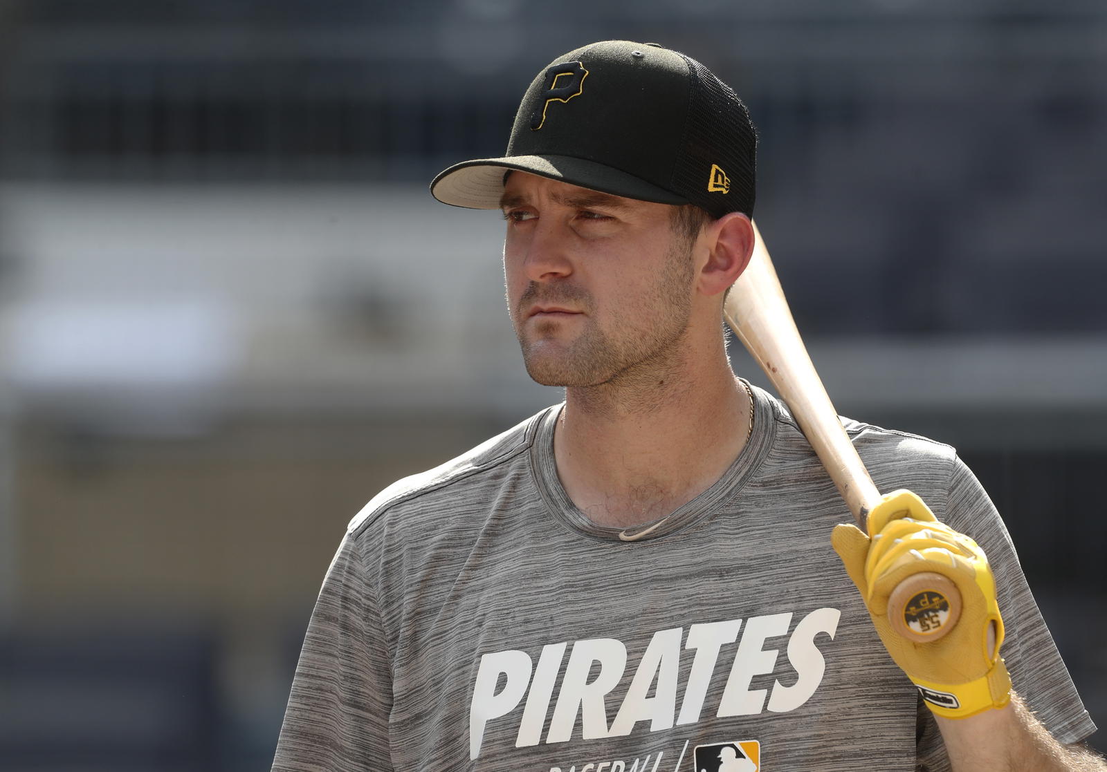 Pittsburgh Pirates catcher Jason Delay (55) looks on during batting practice before the game against the Milwaukee Brewers at PNC Park. Charles LeClaire-Imagn Images