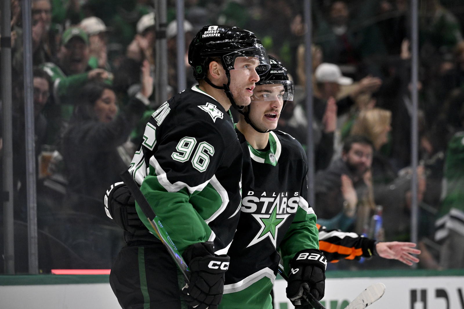 Dallas Stars right wing Mikko Rantanen (96) and center Wyatt Johnston (53) celebrates a goal scored by Johnston against the Ottawa Senators during the second period at the American Airlines Center. Credit: Jerome Miron-Imagn Images