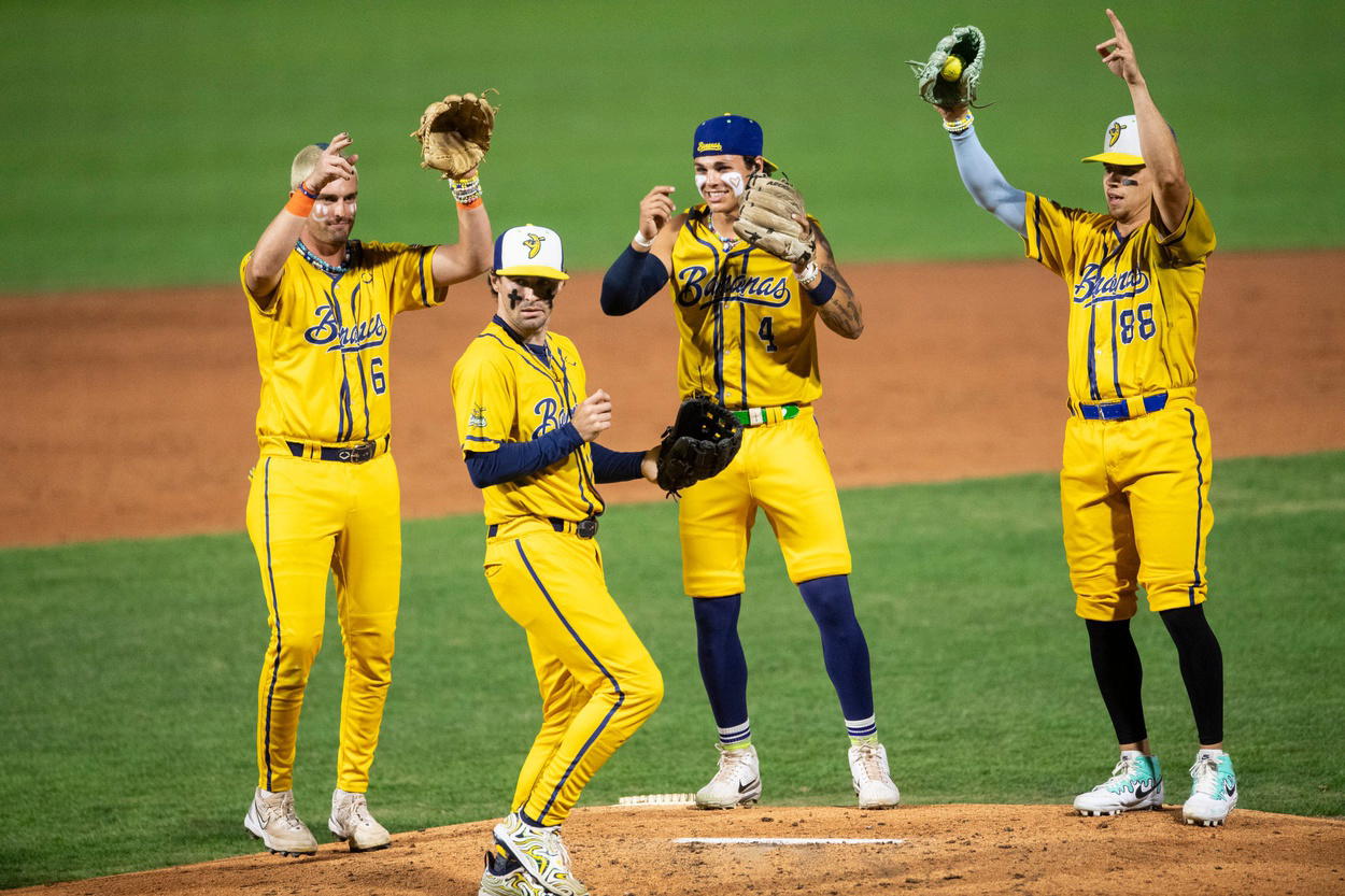 Savannah Bananas players dance on the mound as the Auburn Tigers face off with the Banana Ball All-Stars at Plainsman Park in Auburn, Ala. on Saturday, Oct. 25, 2025. (Jake Crandall/Advertiser/USA TODAY NETWORK/Imagn Images)