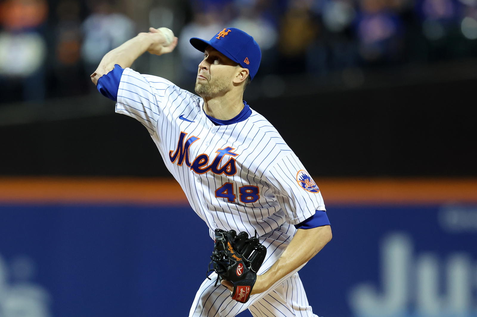 New York Mets starting pitcher Jacob deGrom (48) throws a pitch in the first inning during game two of the Wild Card series against the San Diego Padres for the 2022 MLB Playoffs at Citi Field. Brad Penner-Imagn Images