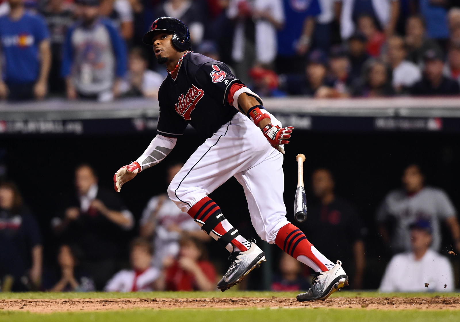 Nov 2, 2016; Cleveland, OH, USA; Cleveland Indians center fielder Rajai Davis (20) hits a two-run home run against the Chicago Cubs in the 8th inning in game seven of the 2016 World Series at Progressive Field. Mandatory Credit: Ken Blaze-Imagn Images