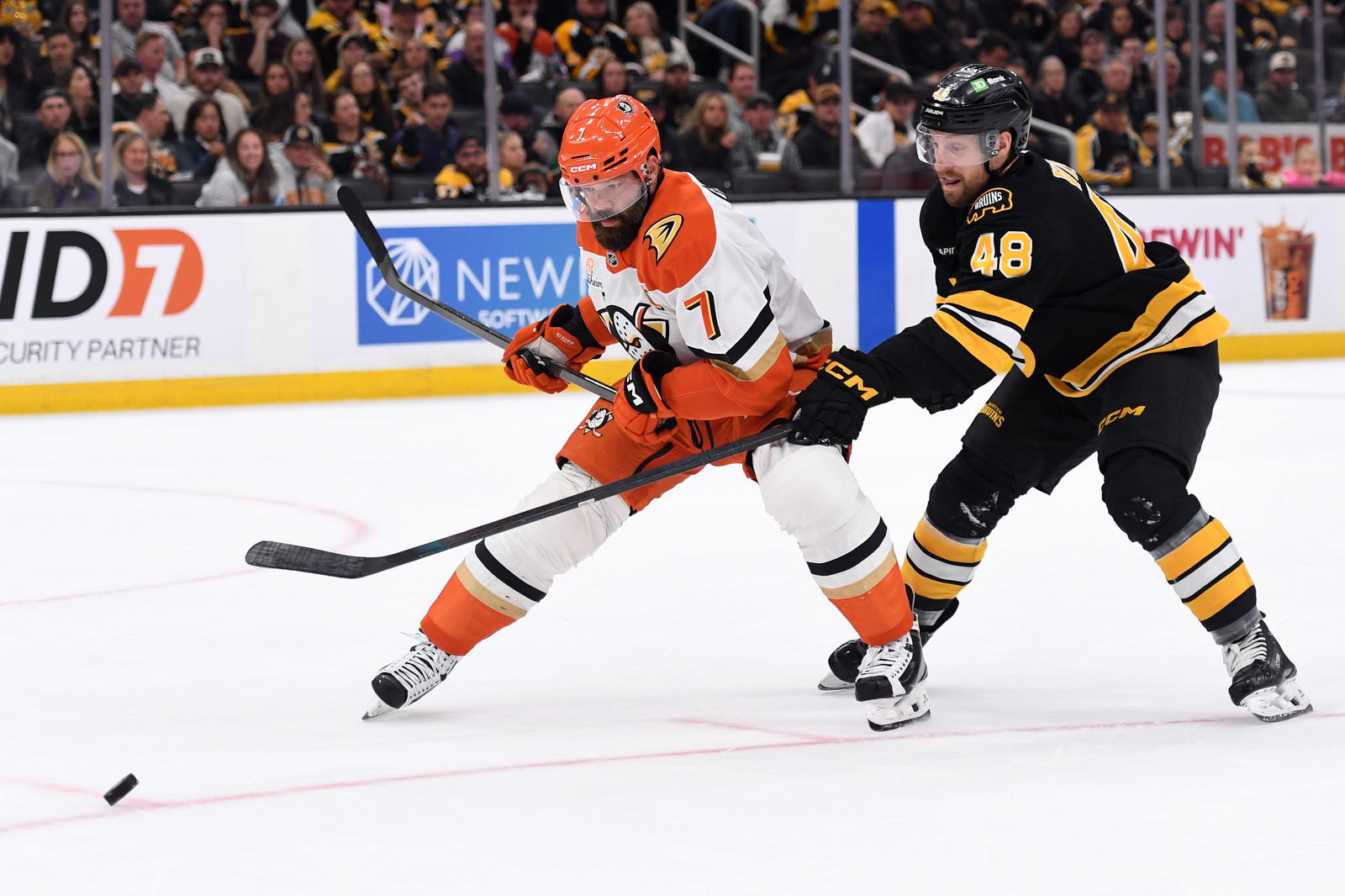 Oct 23, 2025; Boston, Massachusetts, USA; Anaheim Ducks defenseman Radko Gudas (7) and Boston Bruins left wing Jeffrey Viel (48) battle for the puck during the first period at TD Garden. Mandatory Credit: Bob DeChiara-Imagn Images
