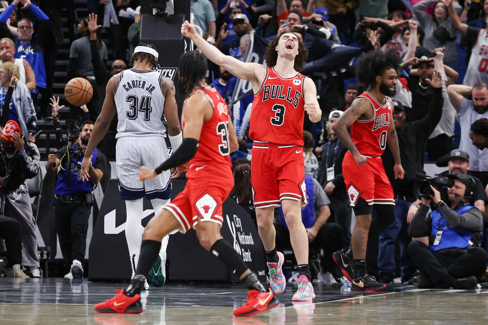 Mar 6, 2025; Orlando, Florida, USA; Chicago Bulls guard Josh Giddey (3) reacts after beating the Orlando Magic at Kia Center. Mandatory Credit: Nathan Ray Seebeck-Imagn Images