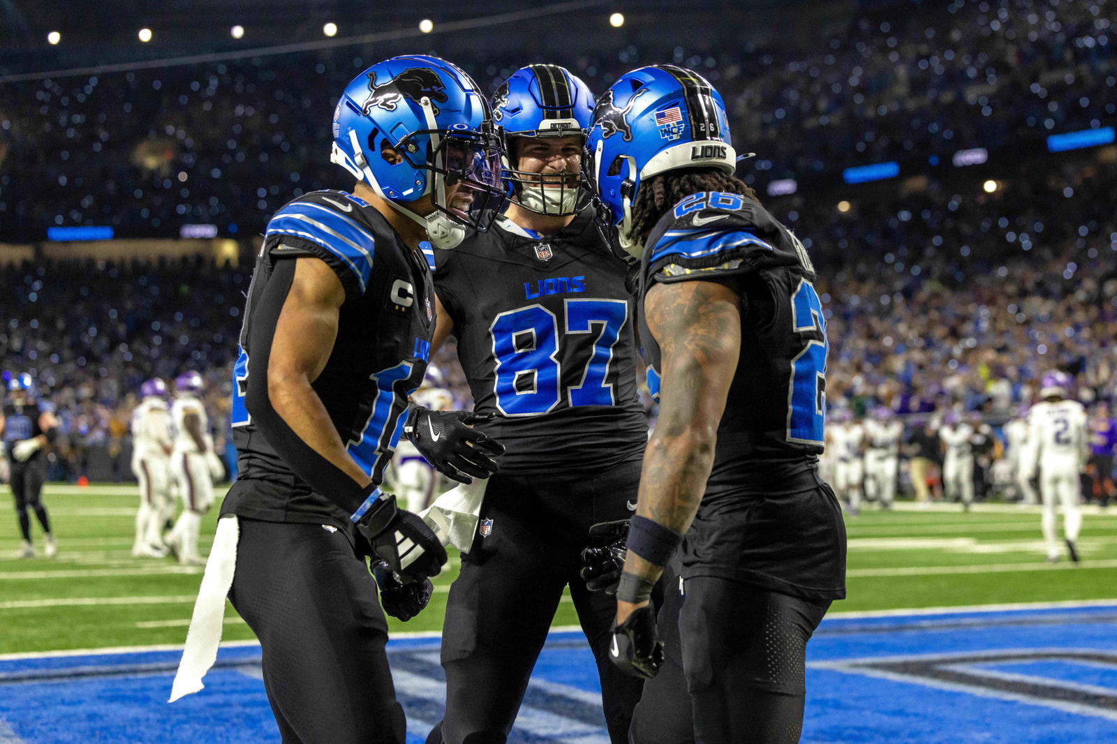 The Lions scored the most points in the NFL in 2024. Among their many weapons are, from left to right, receiver Amon-Ra St. Brown, tight end Sam La Porta, and running back Jahmyr Gibbs.&nbsp;© David Reginek-Imagn Images
