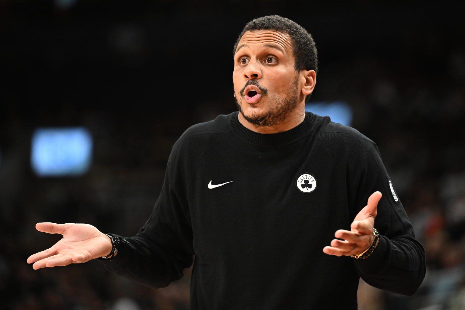 Oct 10, 2025; Toronto, Ontario, CAN; Boston Celtics head coach Joe Mazzulla gestures as he speaks with game officials in the second half against the Toronto Raptors at Scotiabank Arena. (Dan Hamilton/Imagn Images)