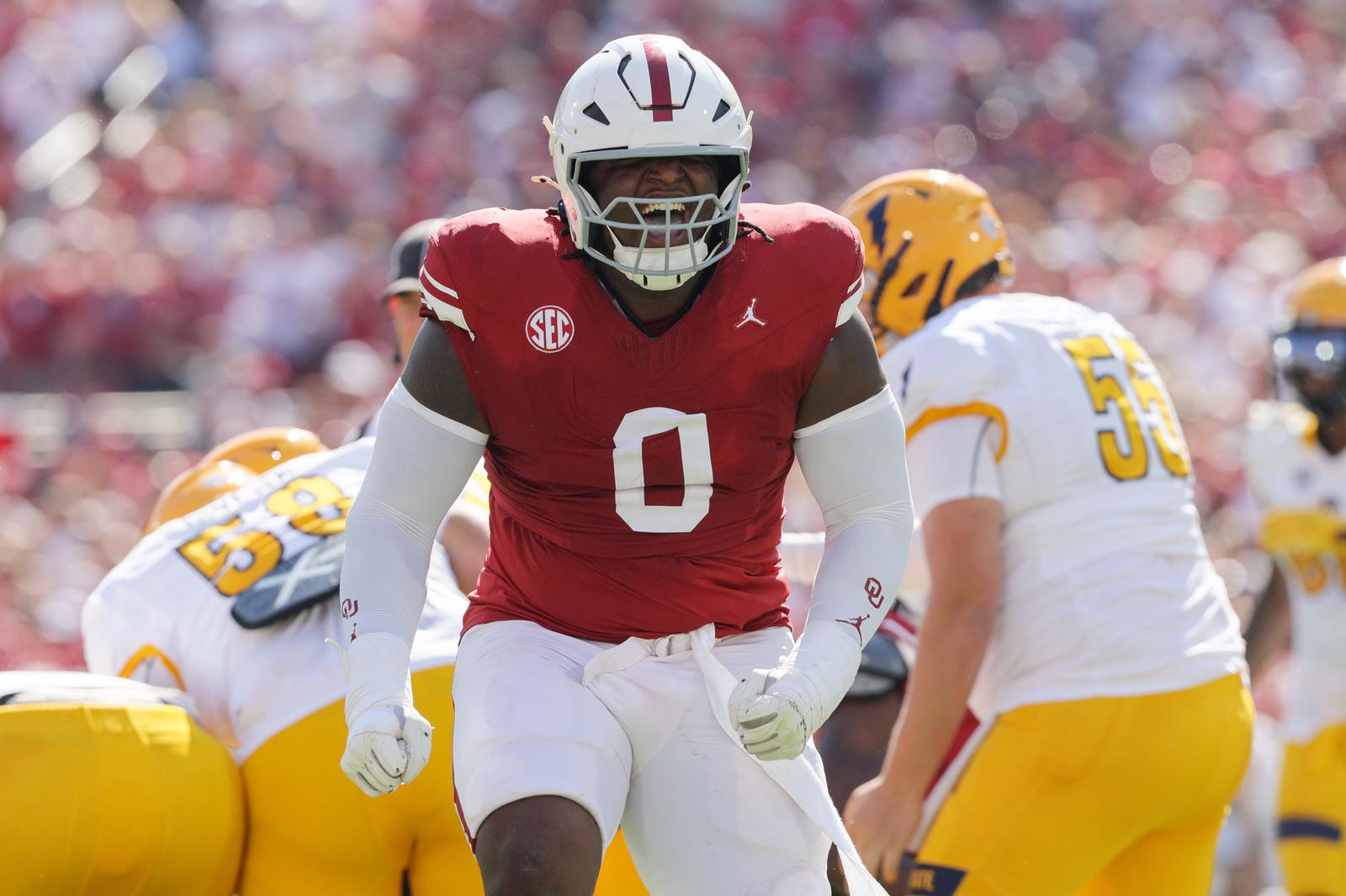 Oklahoma defensive lineman David Stone (0) celebrates after a play during the first half of an NCAA football game between the Oklahoma Sooners (OU) and Kent State Golden Flashes.<br>NATE BILLINGS/FOR THE OKLAHOMAN / USA TODAY NETWORK via Imagn Images