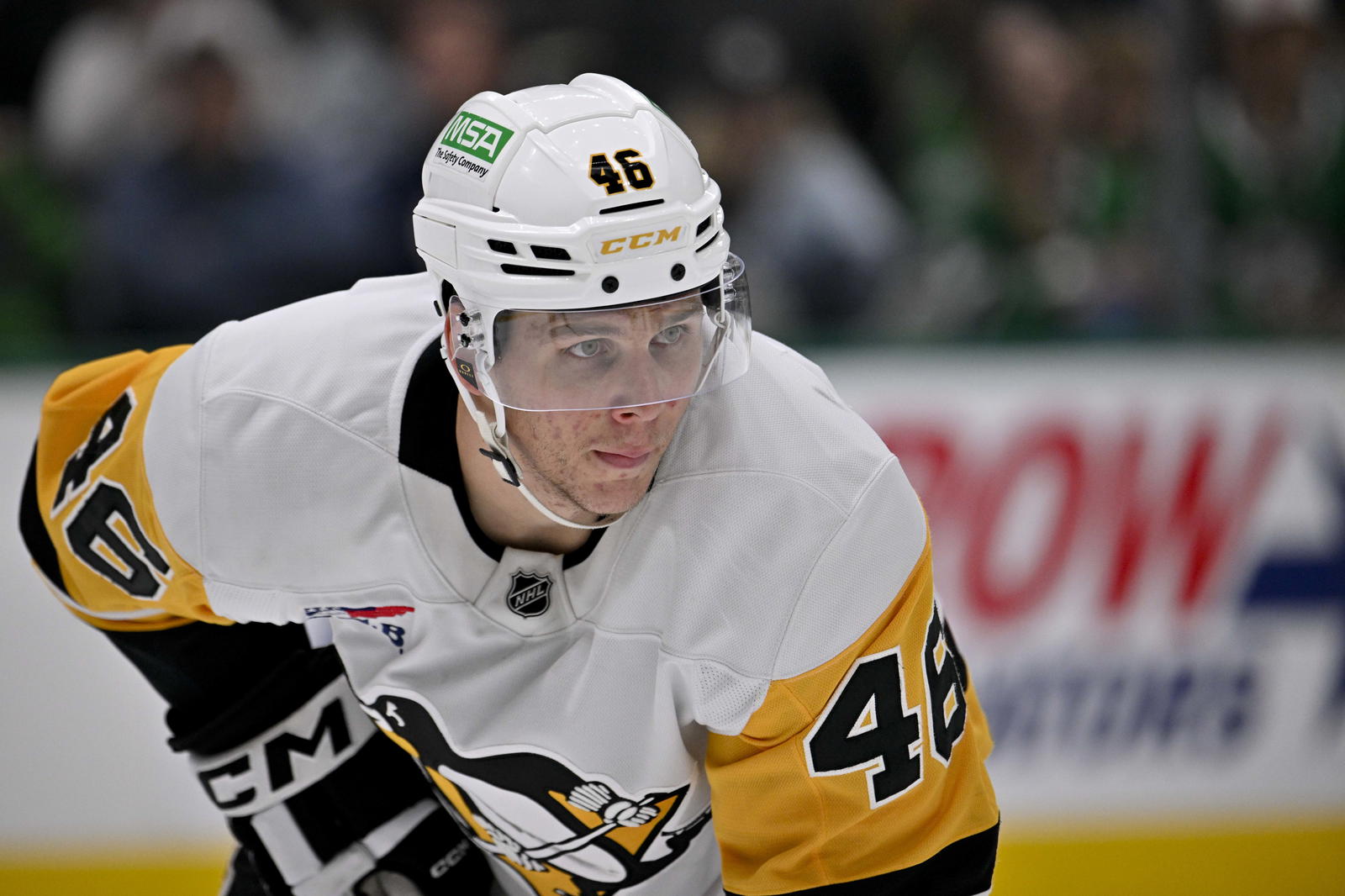 Apr 5, 2025; Dallas, Texas, USA; Pittsburgh Penguins center Blake Lizotte (46) waits for the face-off against the Dallas Stars during the second period at the American Airlines Center. Mandatory Credit: Jerome Miron-Imagn Images