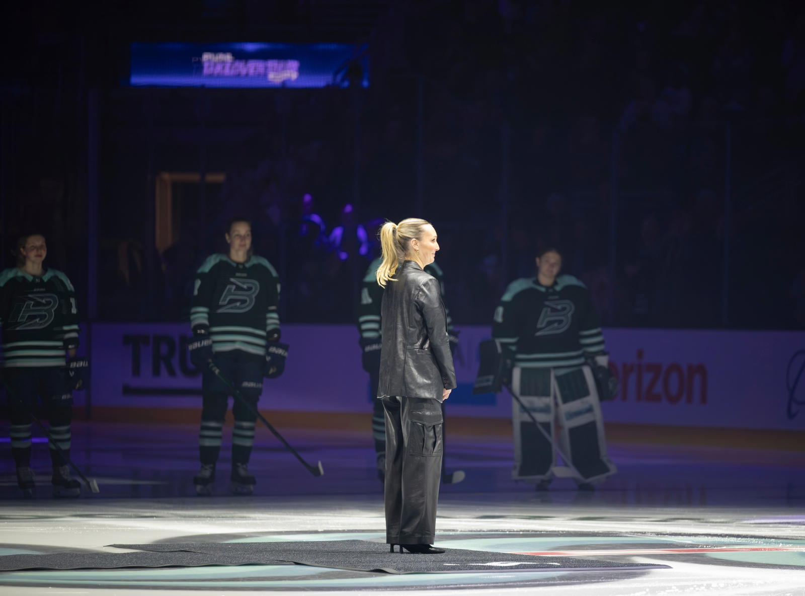 Jessica Campbell Stands At Center Ice During the PWHL game in Seattle January 2025. Photo by Caroline Anne