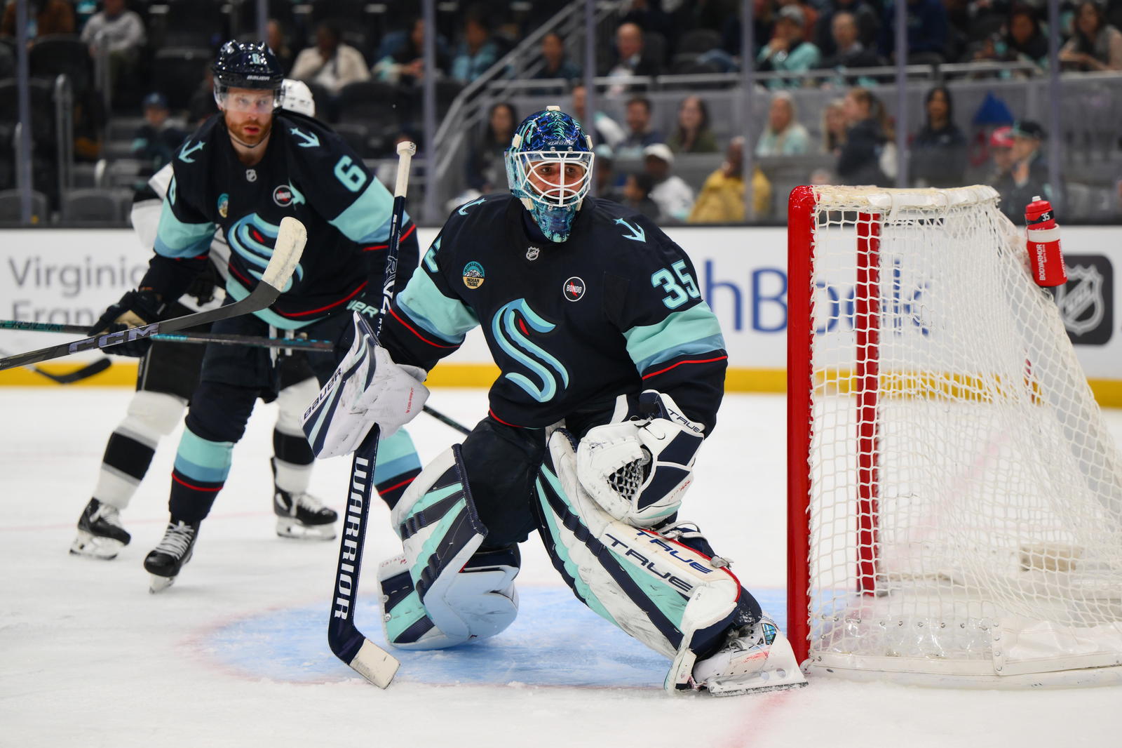 Seattle Kraken goaltender Joey Daccord (35) defends the goal against the Los Angeles Kings during the second period at Climate Pledge Arena. Steven Bisig - Imagn Images