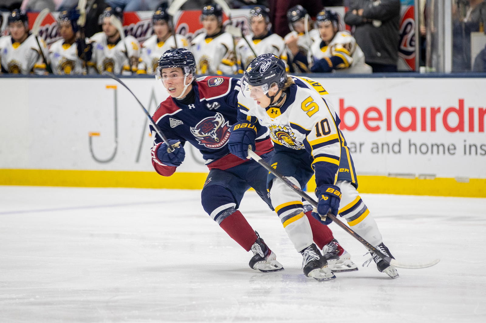 Regiment forward Max Dinneen battles with Cataractes centre Jacob Lachance. (Photo: Jeff Parsons)