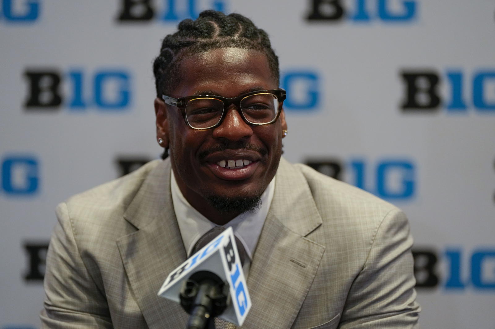 Jul 23, 2025; Las Vegas, NV, USA; Northwestern defensive lineman Anto Saka speaks to the media during the Big Ten NCAA college football media days at Mandalay Bay Resort. Mandatory Credit: Lucas Peltier-Imagn Images