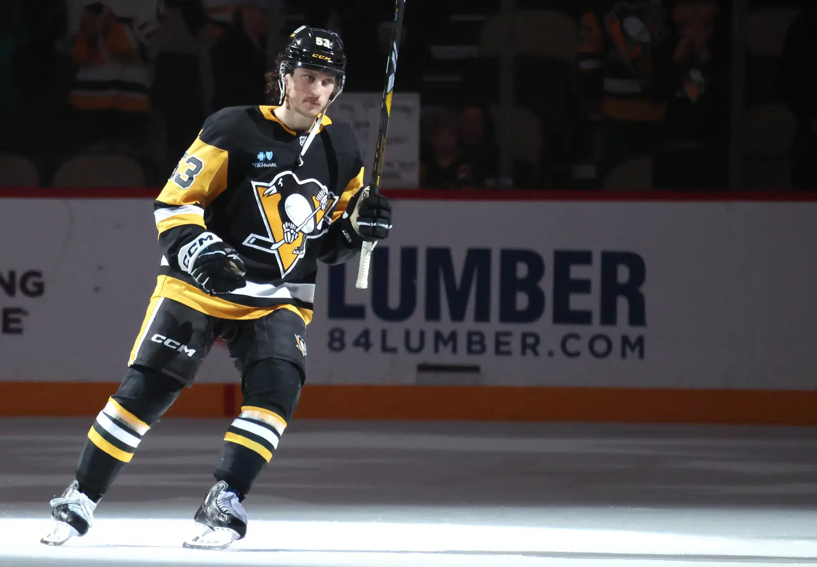 Mar 15, 2025; Pittsburgh, Pennsylvania, USA; Pittsburgh Penguins center Philip Tomasino (53) reacts after being named first star of the game against the New Jersey Devils at PPG Paints Arena. (Charles LeClaire-Imagn Images)