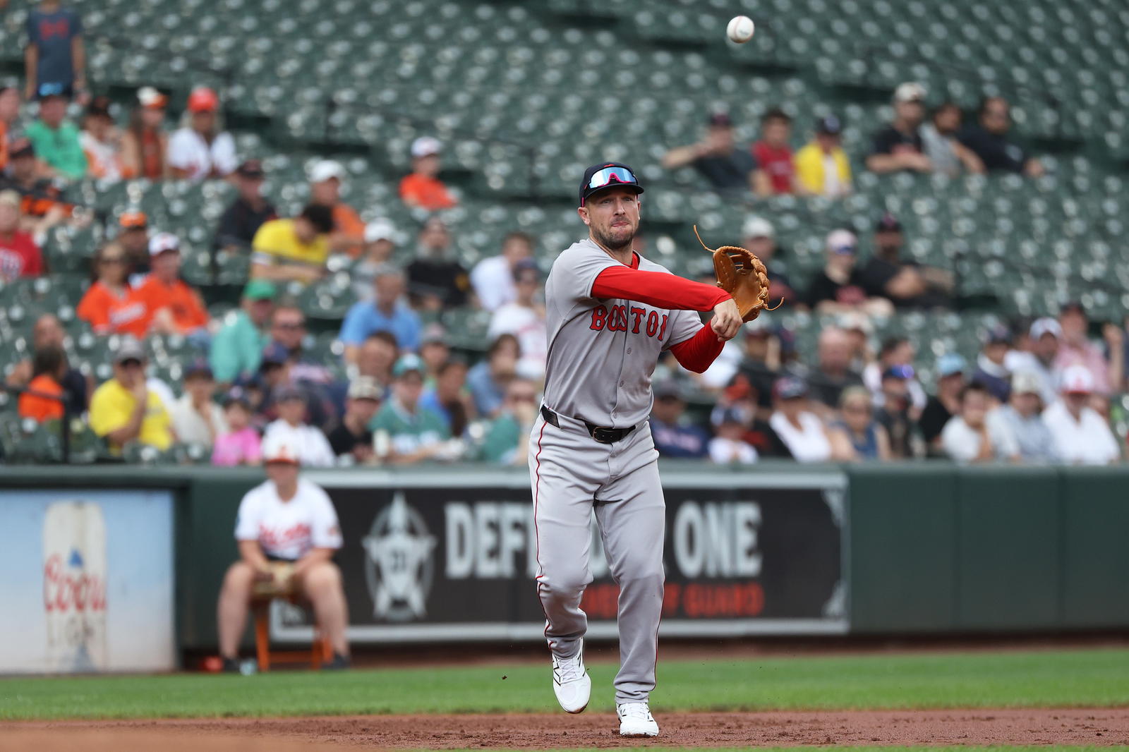 Boston Red Sox third baseman Alex Bregman (2) throws to first for an out during the second inning against the Baltimore Orioles at Oriole Park at Camden Yards on Aug. 28. Daniel Kucin Jr.-Imagn Images