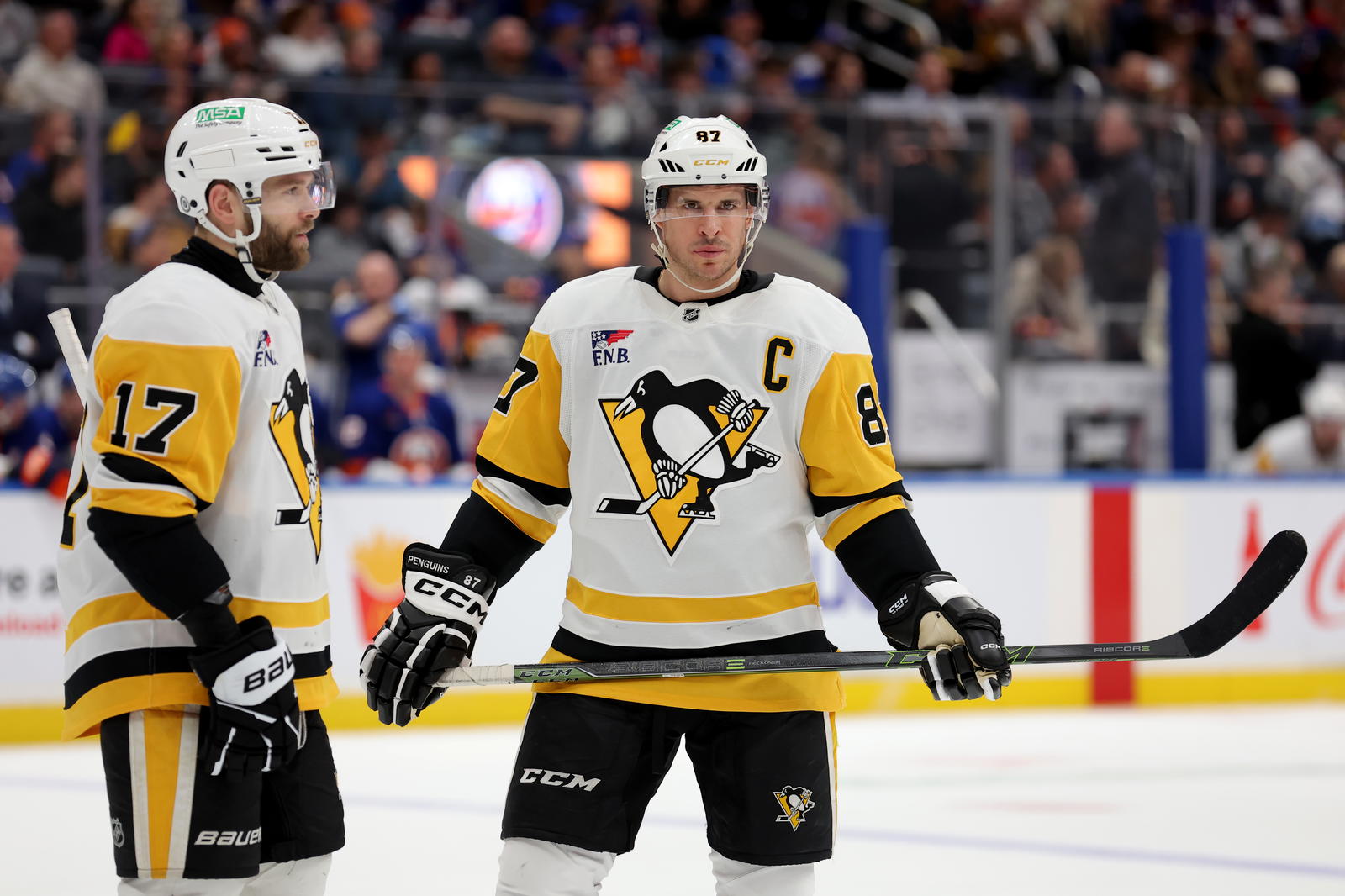<span style="color: rgb(136, 136, 136); font-family: Helvetica, Arial; background-color: rgb(238, 238, 238);">Dec 28, 2024; Elmont, New York, USA; Pittsburgh Penguins center Sidney Crosby (87) talks to right wing Bryan Rust (17) during the third period against the New York Islanders at UBS Arena. Mandatory Credit: Brad Penner-Imagn Images</span>