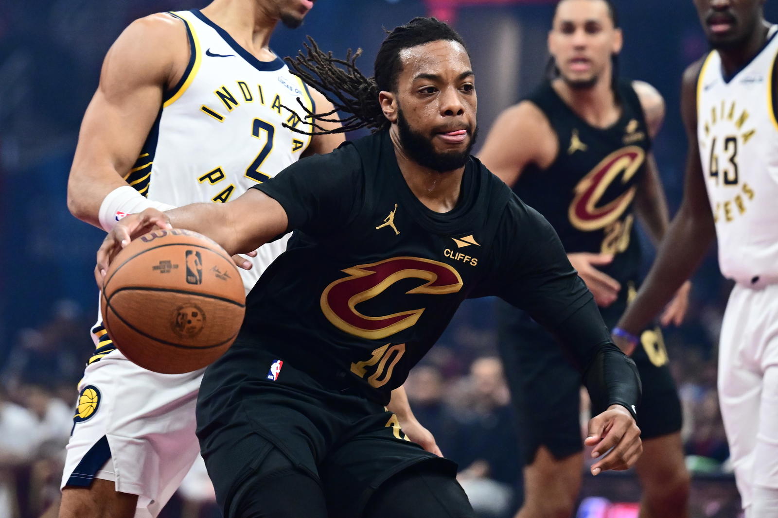 Nov 21, 2025; Cleveland, Ohio, USA; Cleveland Cavaliers guard Darius Garland (10) drives to the basket against the Indiana Pacers during the first quarter at Rocket Arena. Mandatory Credit: Ken Blaze-Imagn Images