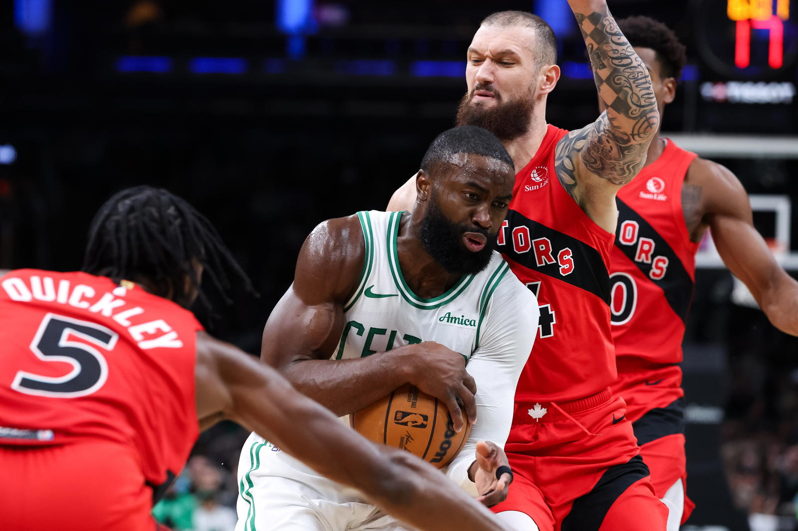 Oct 15, 2025; Boston, Massachusetts, USA; Boston Celtics forward Jaylen Brown (7) drives to the basket during the first half against the Toronto Raptors at TD Garden. (Paul Rutherford/Imagn Images)