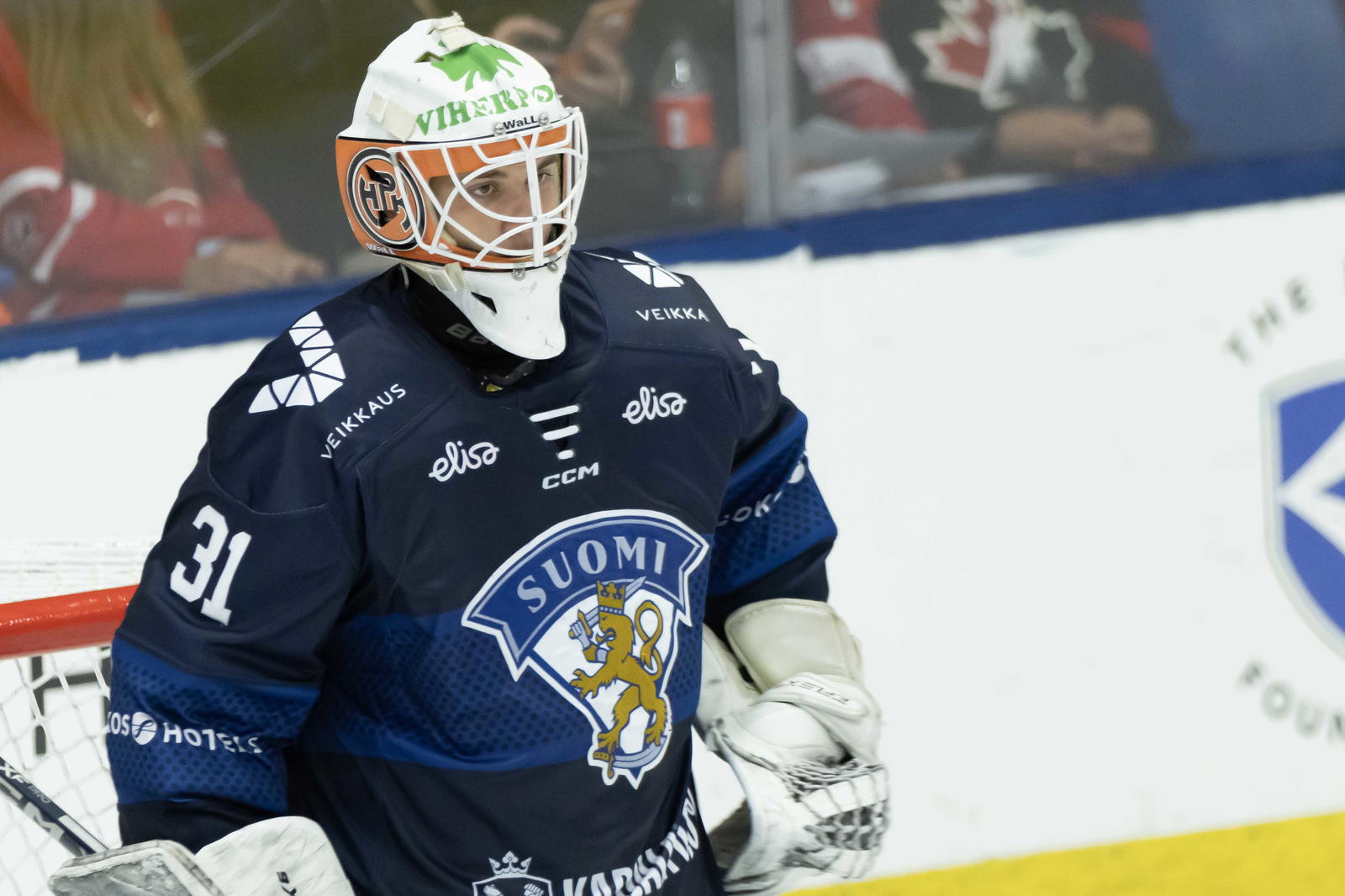 Finland's goaltender Kim Saarinen (31) looks down the ice against Sweden during the second period of the 2024 World Junior Summer Showcase at USA Hockey Arena. Mandatory Credit: David Reginek-Imagn Images