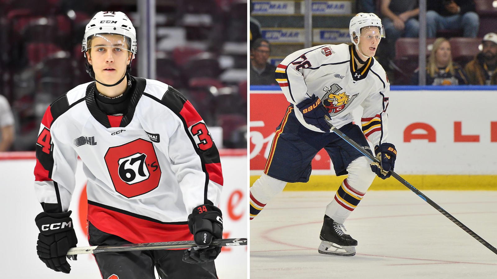 <i>Ottawa 67's forward Filip Ekberg & Barrie Colts defenseman Gabriel Eliasson (from left to right). Credit: OHL Images</i>
