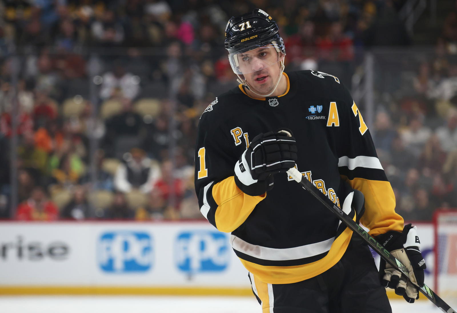 Apr 8, 2025; Pittsburgh, Pennsylvania, USA; Pittsburgh Penguins center Evgeni Malkin (71) looks on against the Chicago Blackhawks during the first period at PPG Paints Arena. Mandatory Credit: Charles LeClaire-Imagn Images