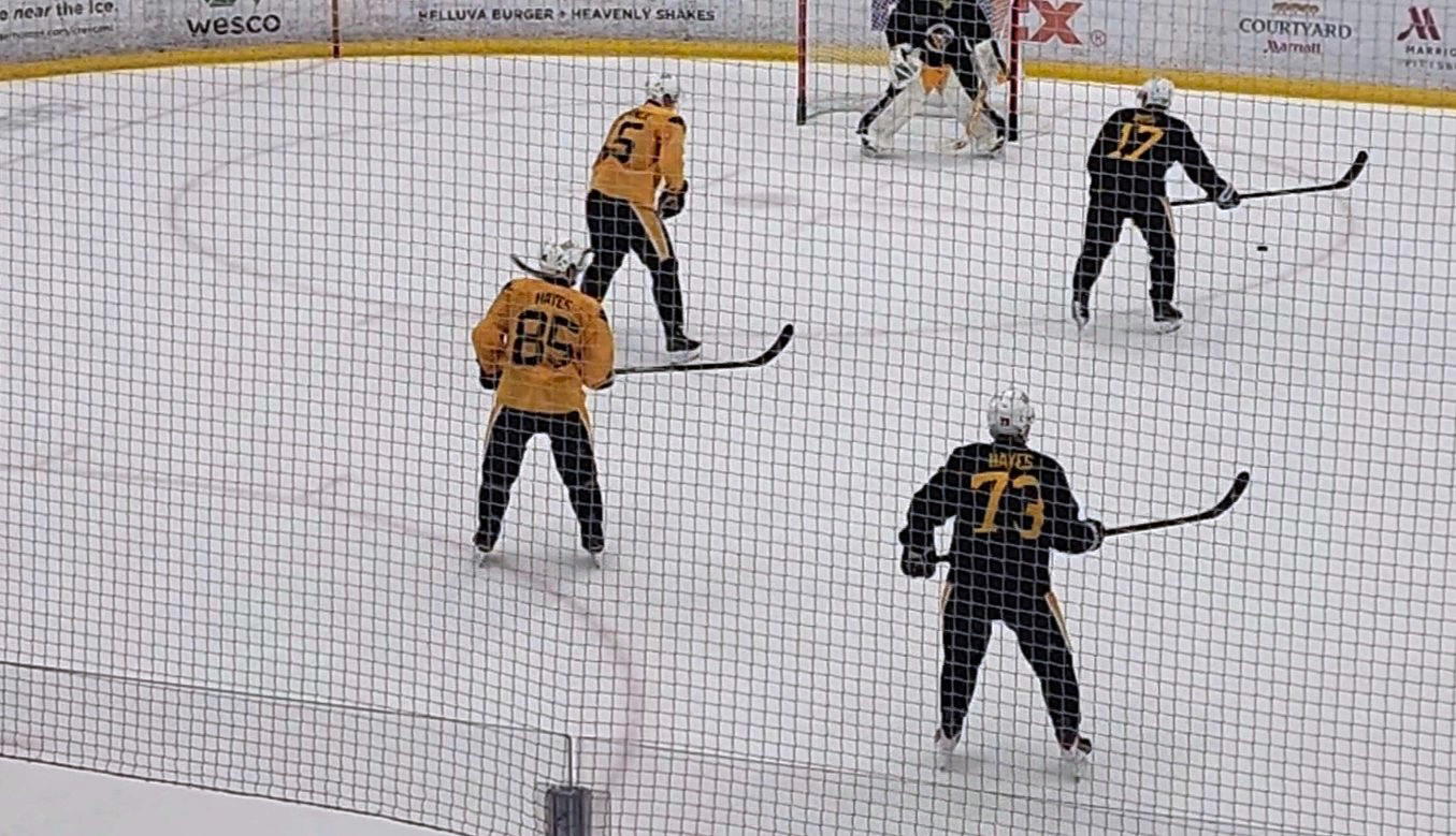 Avery (left, gold) and Travis (right) Hayes compete in Pittsburgh Penguins' training camp during a drill. (Credit: Kelsey Surmacz - The Hockey News)