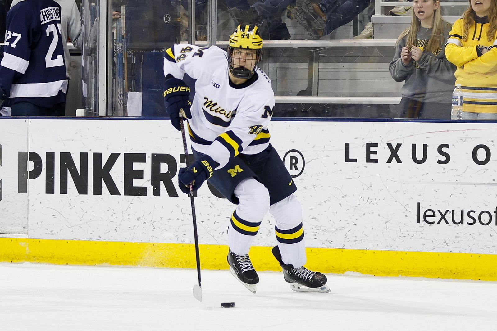 March 8, 2025; Ann Arbor, Michigan, USA; Michigan Wolverines forward Will Horcoff (44) handles the puck during the first period against the Penn State Nittany Lions at Yost Ice Arena. Mandatory Credit: Brian Bradshaw Sevald-Imagn Images