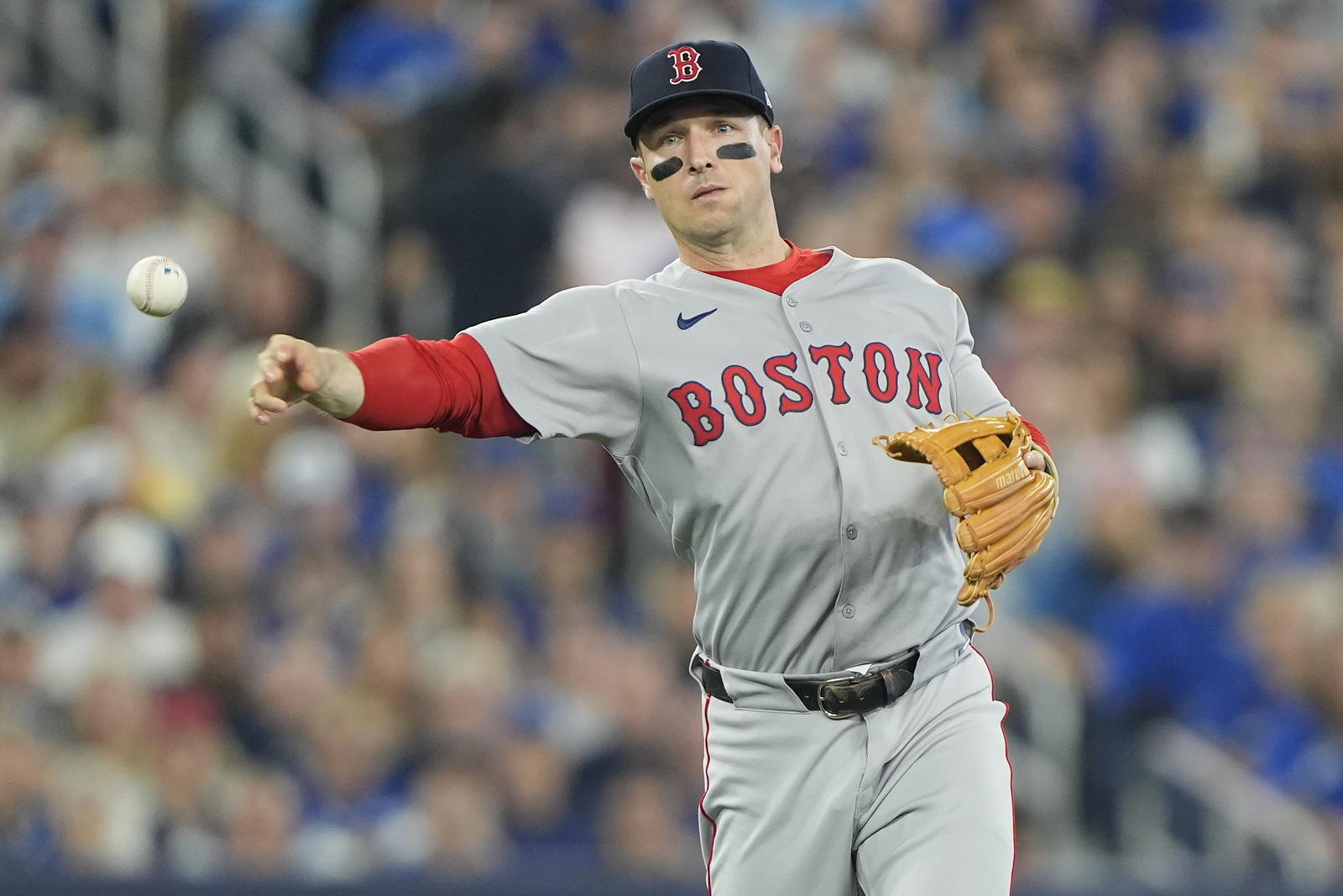 Boston Red Sox third baseman Alex Bregman (2) throws out Toronto Blue Jays catcher Tyler Heineman (not pictured) at first base during the third inning at Rogers Centre. John E. Sokolowski-Imagn Images