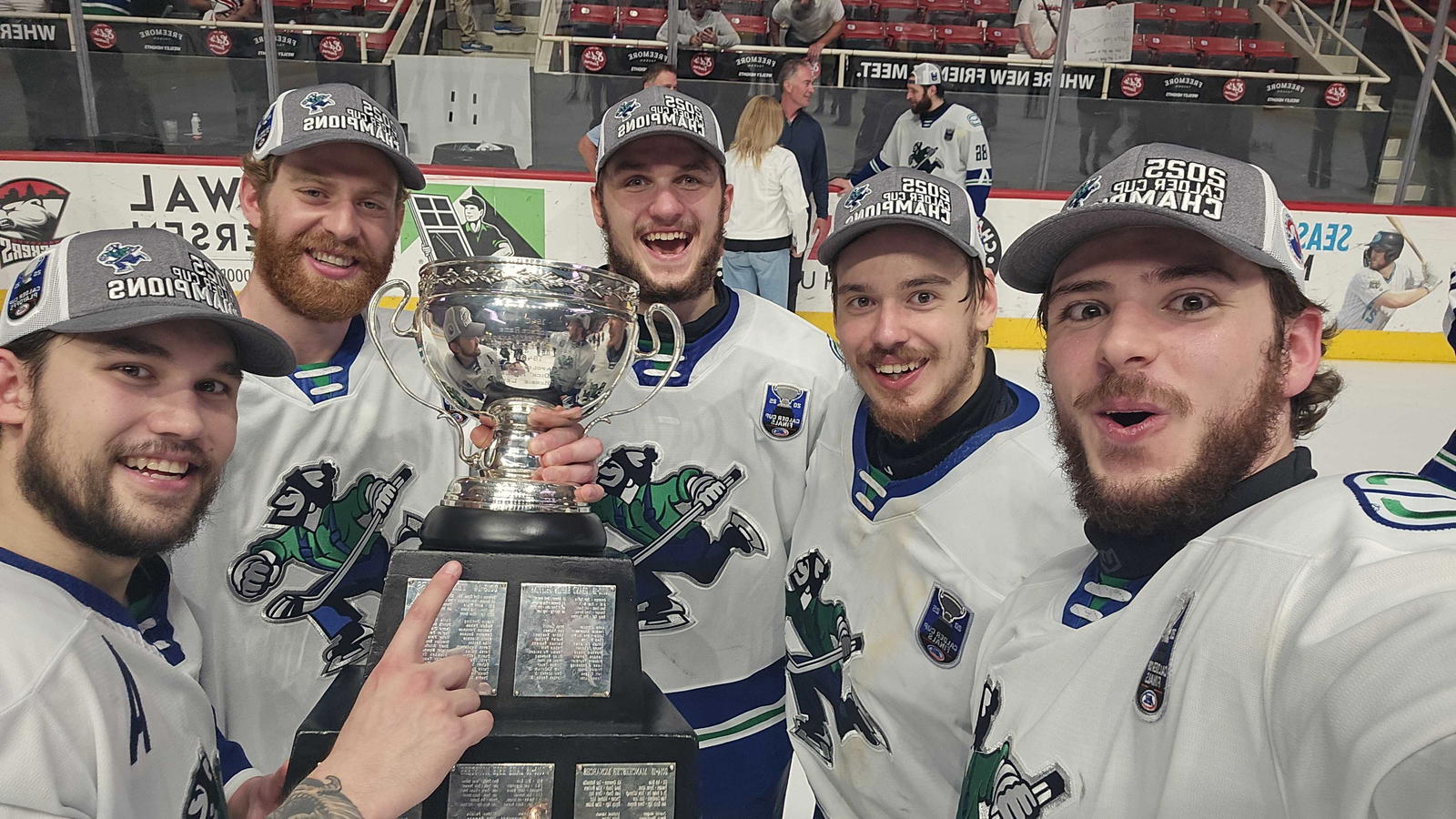 Abbotsford Canucks celebrate after Game 6 of the 2025 Calder Cup Finals (Photo Credit:&nbsp;@FloHockey on "X")