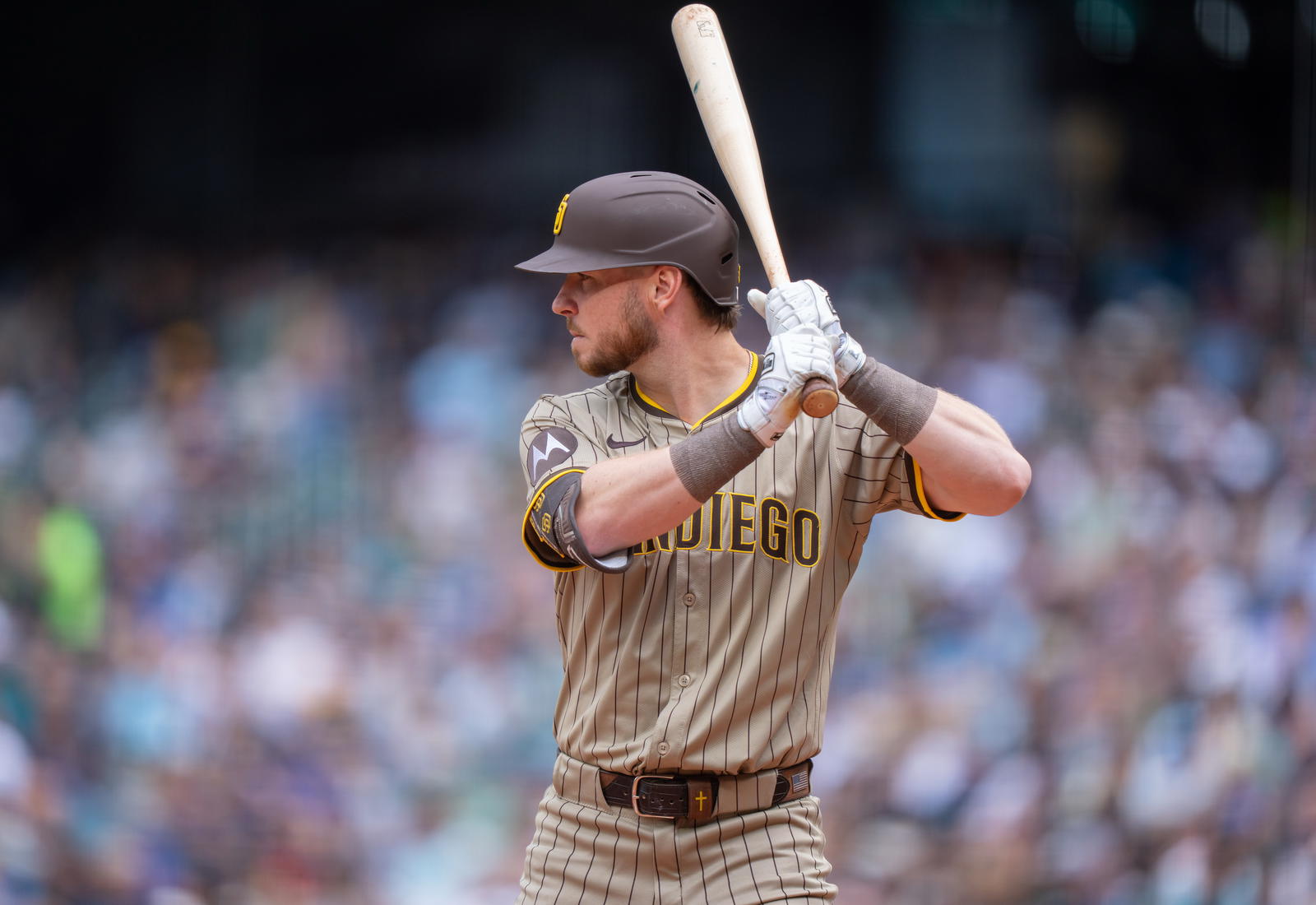 Aug 27, 2025; Seattle, Washington, USA; San Diego Padres first baseman Ryan O'Hearn (32) waits for a pitch during an at-bat against the Seattle Mariners at T-Mobile Park. Mandatory Credit: Stephen Brashear-Imagn Images