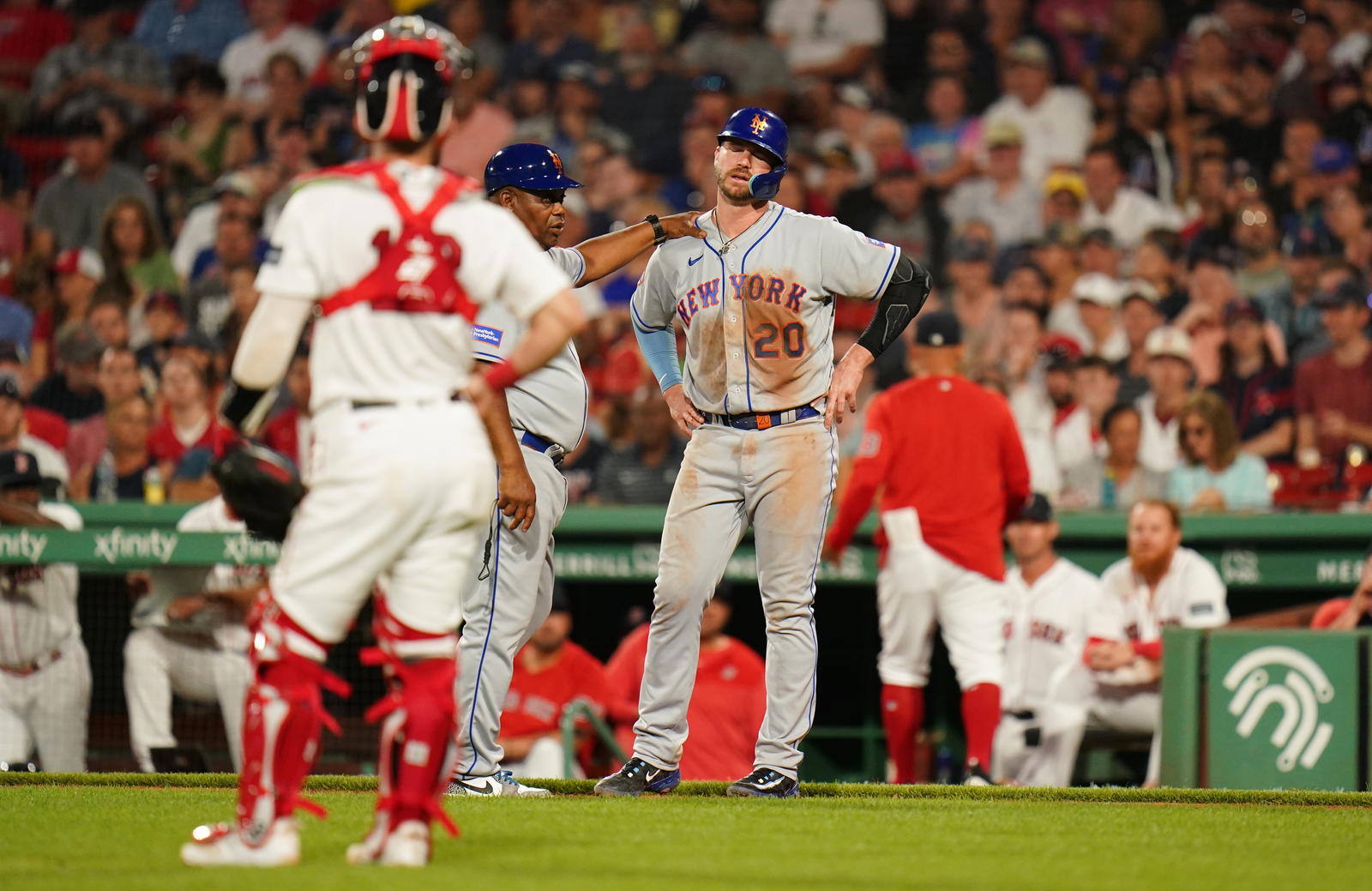 Jul 23, 2023; Boston, Massachusetts, USA; New York Mets first baseman Pete Alonso (20) on the first base line after getting hit by a pitch against the Boston Red Sox in the eighth inning at Fenway Park. (David Butler II/Imagn Images)