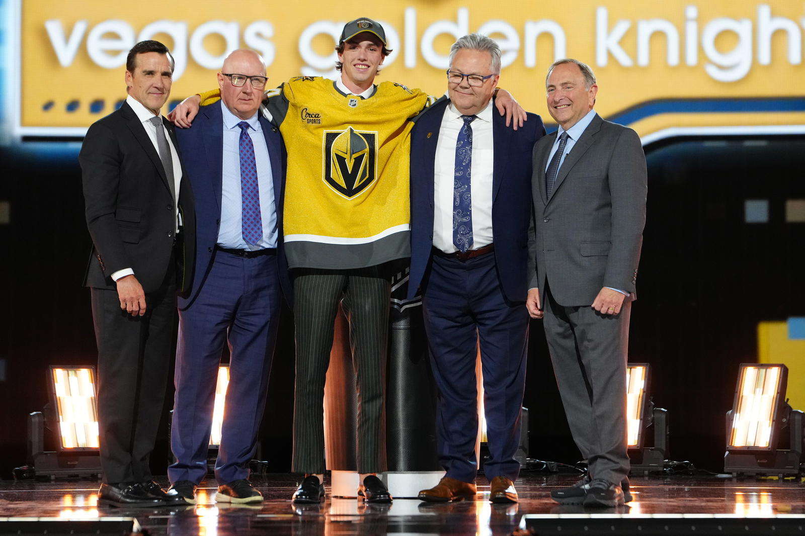 Trevor Connelly is selected by the Vegas Golden Knights with the 19th overall pick in the first round of the 2024 NHL Draft at The Sphere. Mandatory Credit: Stephen R. Sylvanie-Imagn Images
