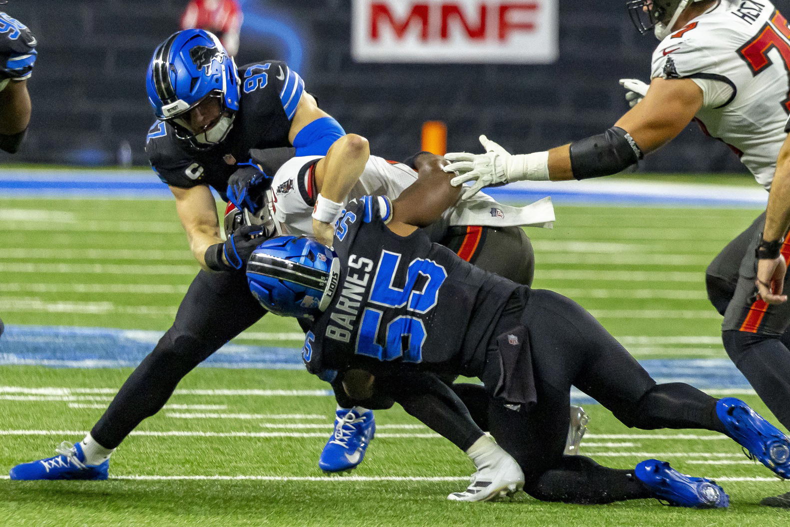 The Lions' defense made life tough for Mayfield throughout the game.&nbsp;© David Reginek