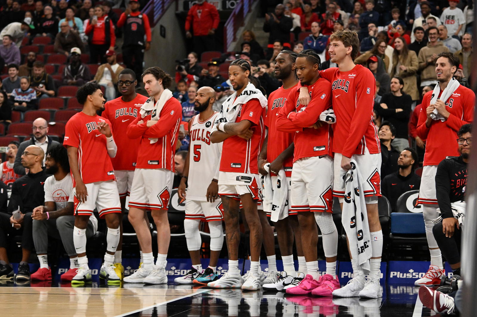 Oct 9, 2025; Chicago, Illinois, USA; The Chicago Bulls bench looks on against the Cleveland Cavaliers during the second half at United Center. Mandatory Credit: Patrick Gorski-Imagn Images