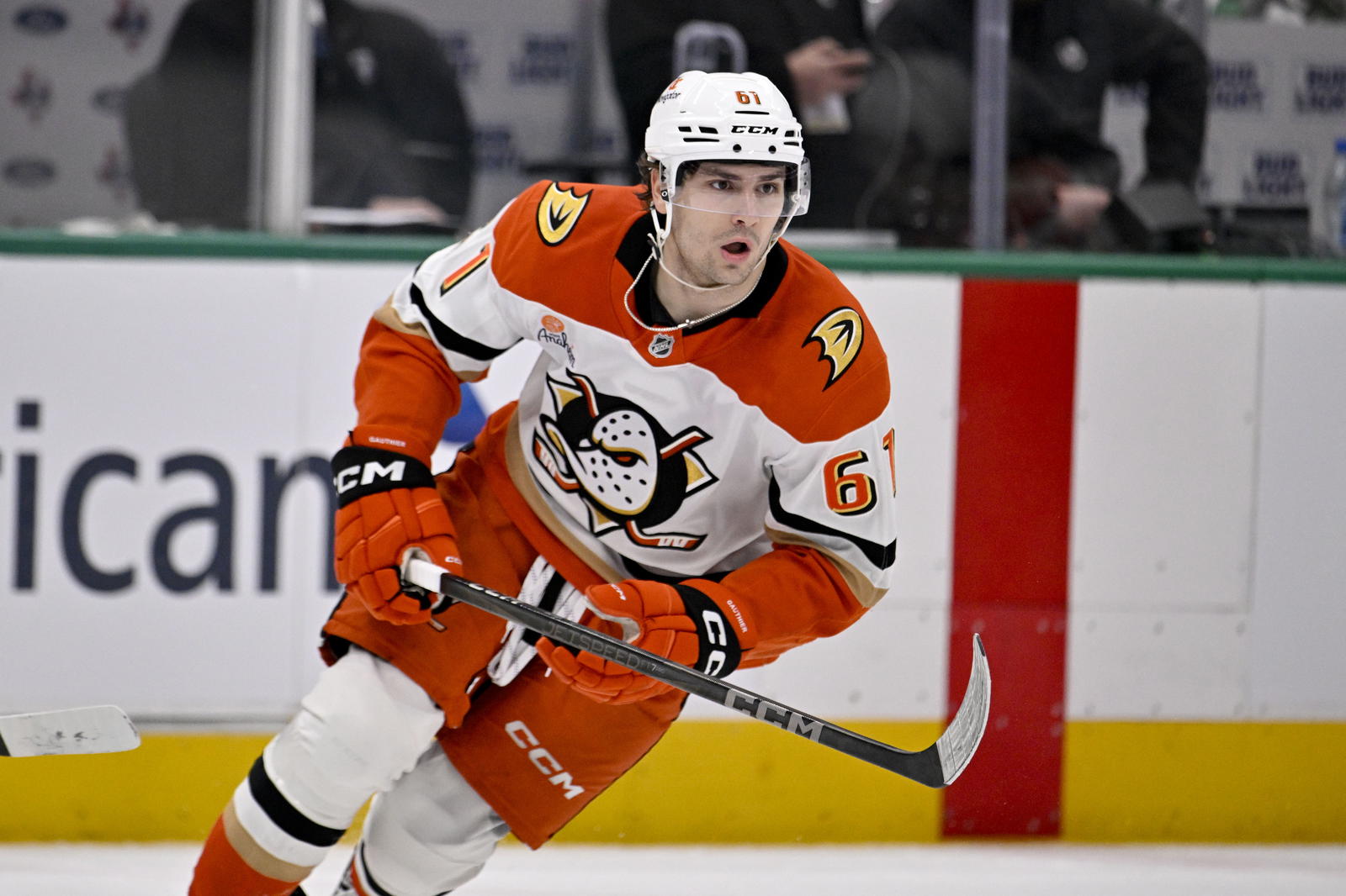 Mar 18, 2025; Dallas, Texas, USA; Anaheim Ducks left wing Cutter Gauthier (61) during the third period against the Dallas Stars at the American Airlines Center. Mandatory Credit: Jerome Miron-Imagn Images