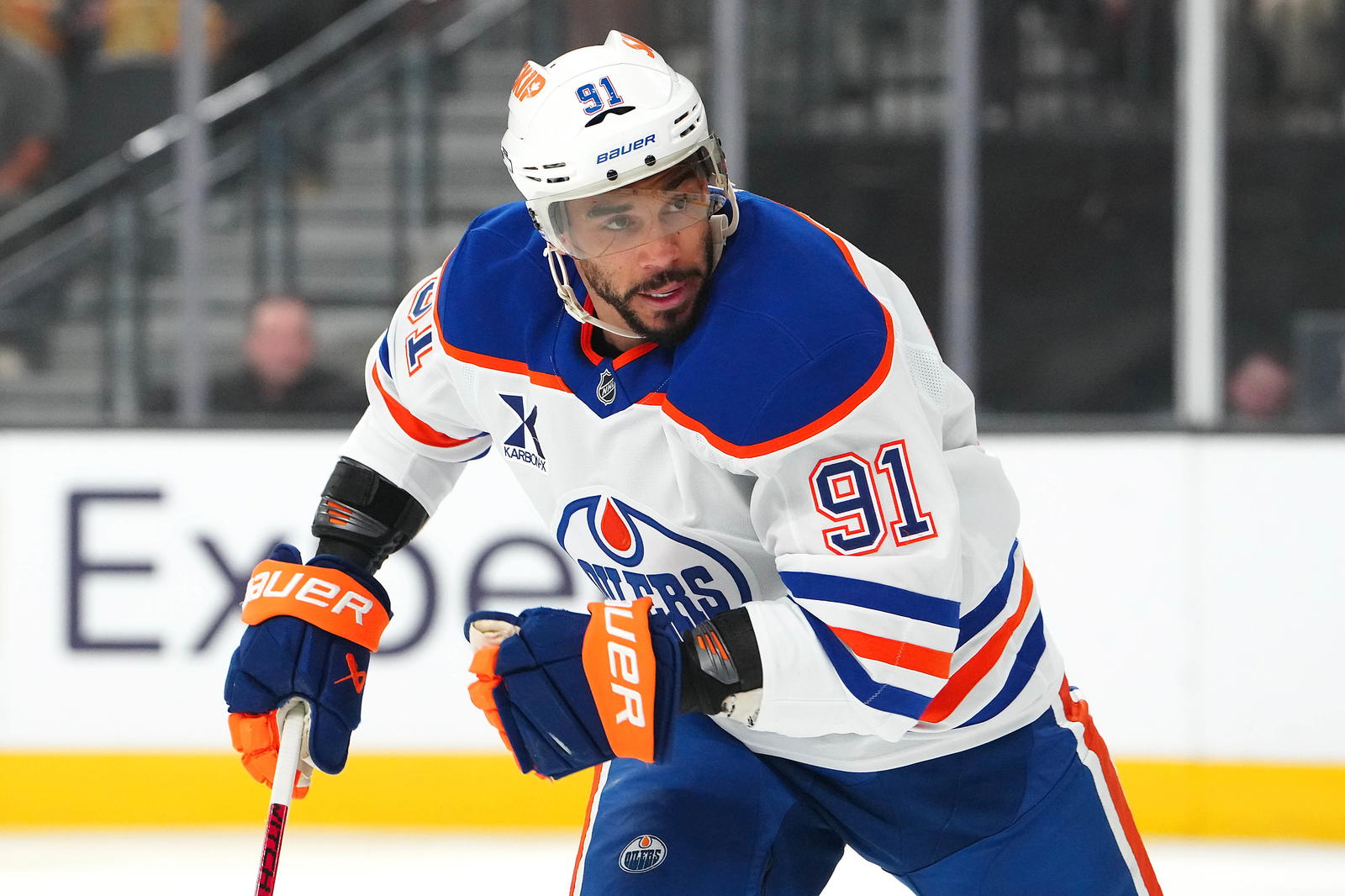 May 14, 2025; Las Vegas, Nevada, USA; Edmonton Oilers left wing Evander Kane (91) skates against the Vegas Golden Knights during the first period of game five of the second round of the 2025 Stanley Cup Playoffs at T-Mobile Arena. Mandatory Credit: Stephen R. Sylvanie-Imagn Images