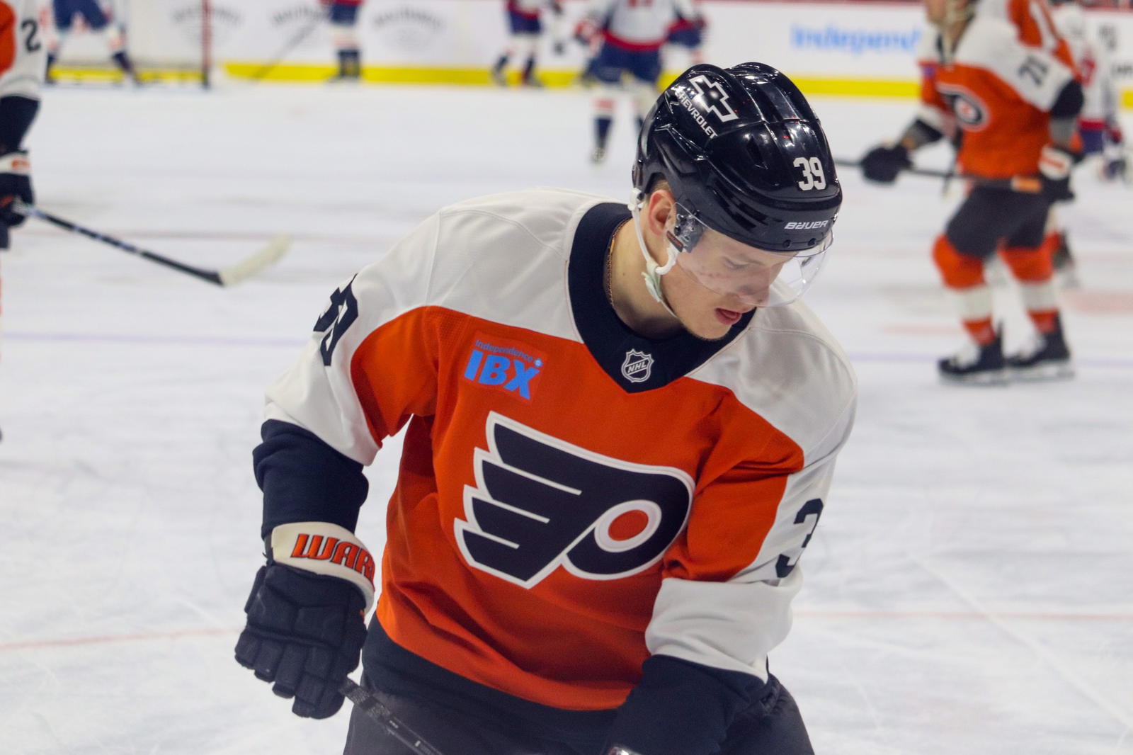Philadelphia Flyers winger Matvei Michkov (39) during warmups against the Washington Capitals on Feb. 6, 2025. (Megan DeRuchie-The Hockey News)